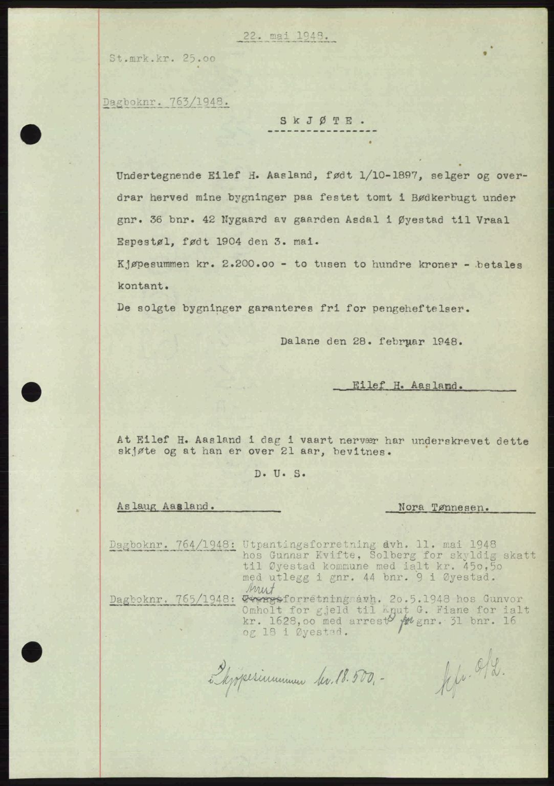 Nedenes sorenskriveri, SAK/1221-0006/G/Gb/Gba/L0059: Pantebok nr. A11, 1948-1948, Dagboknr: 763/1948