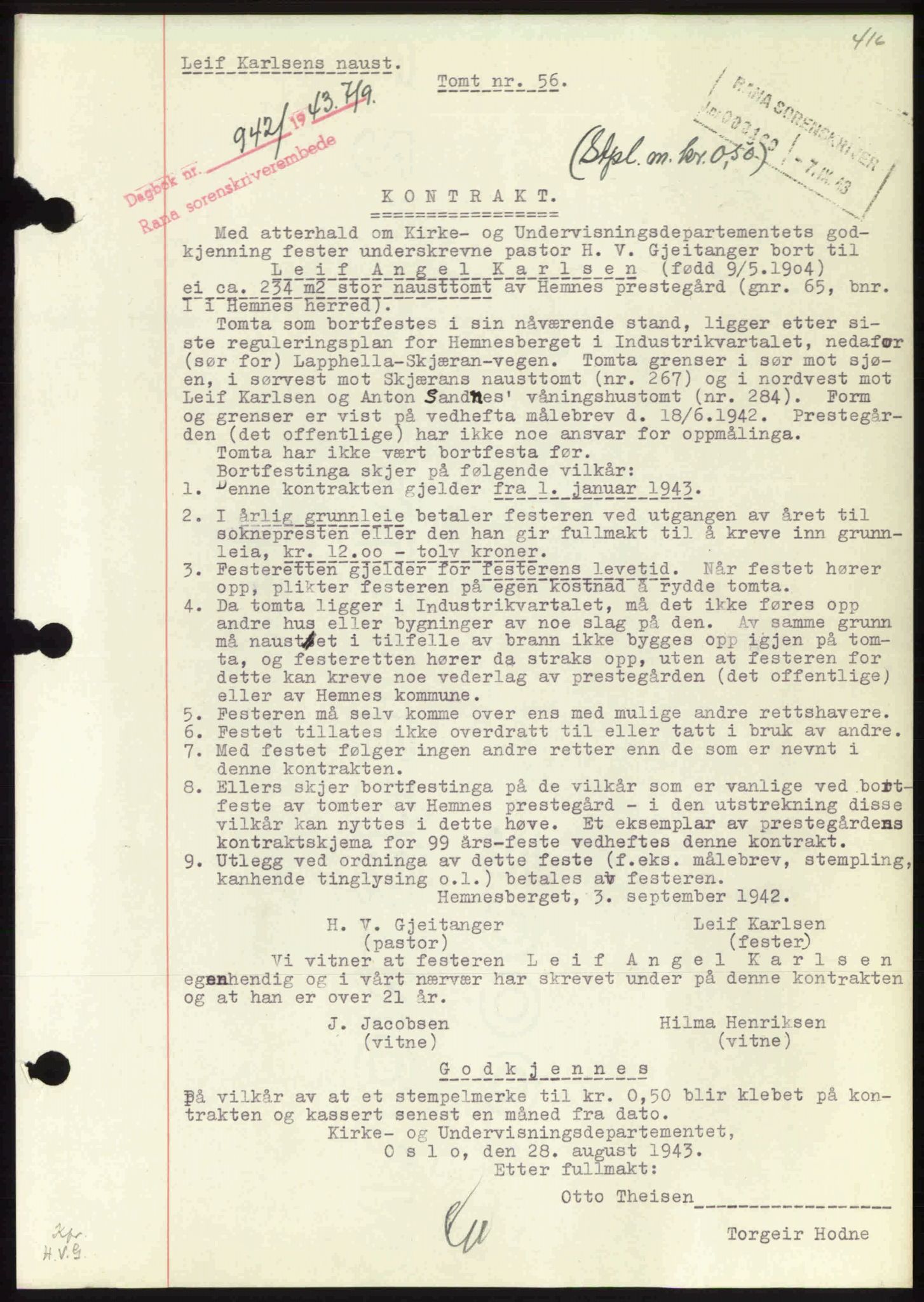 Rana sorenskriveri , SAT/A-1108/1/2/2C: Pantebok nr. A 10, 1942-1943, Dagboknr: 942/1943