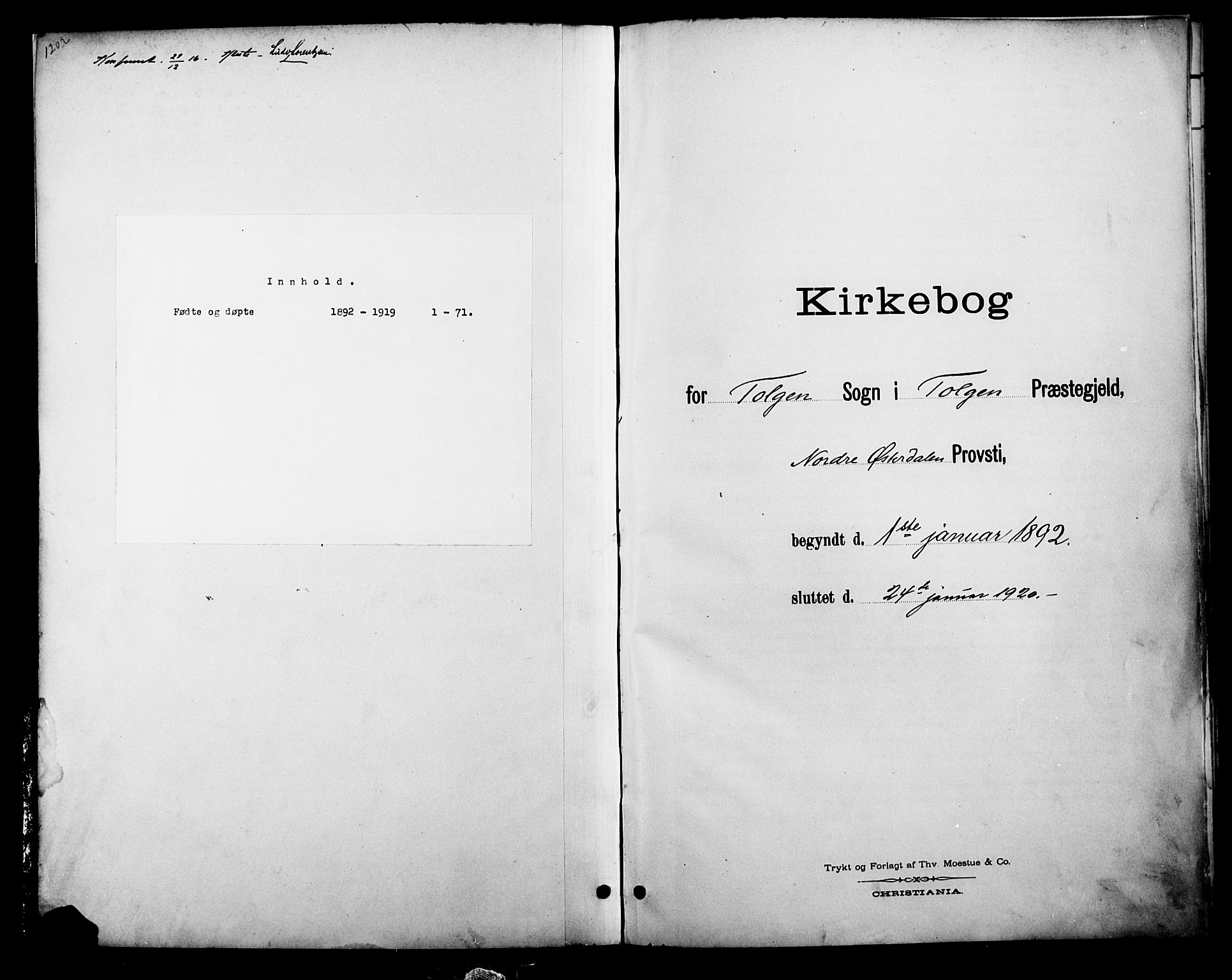 Tolga prestekontor, AV/SAH-PREST-062/L/L0009: Klokkerbok nr. 9, 1892-1919