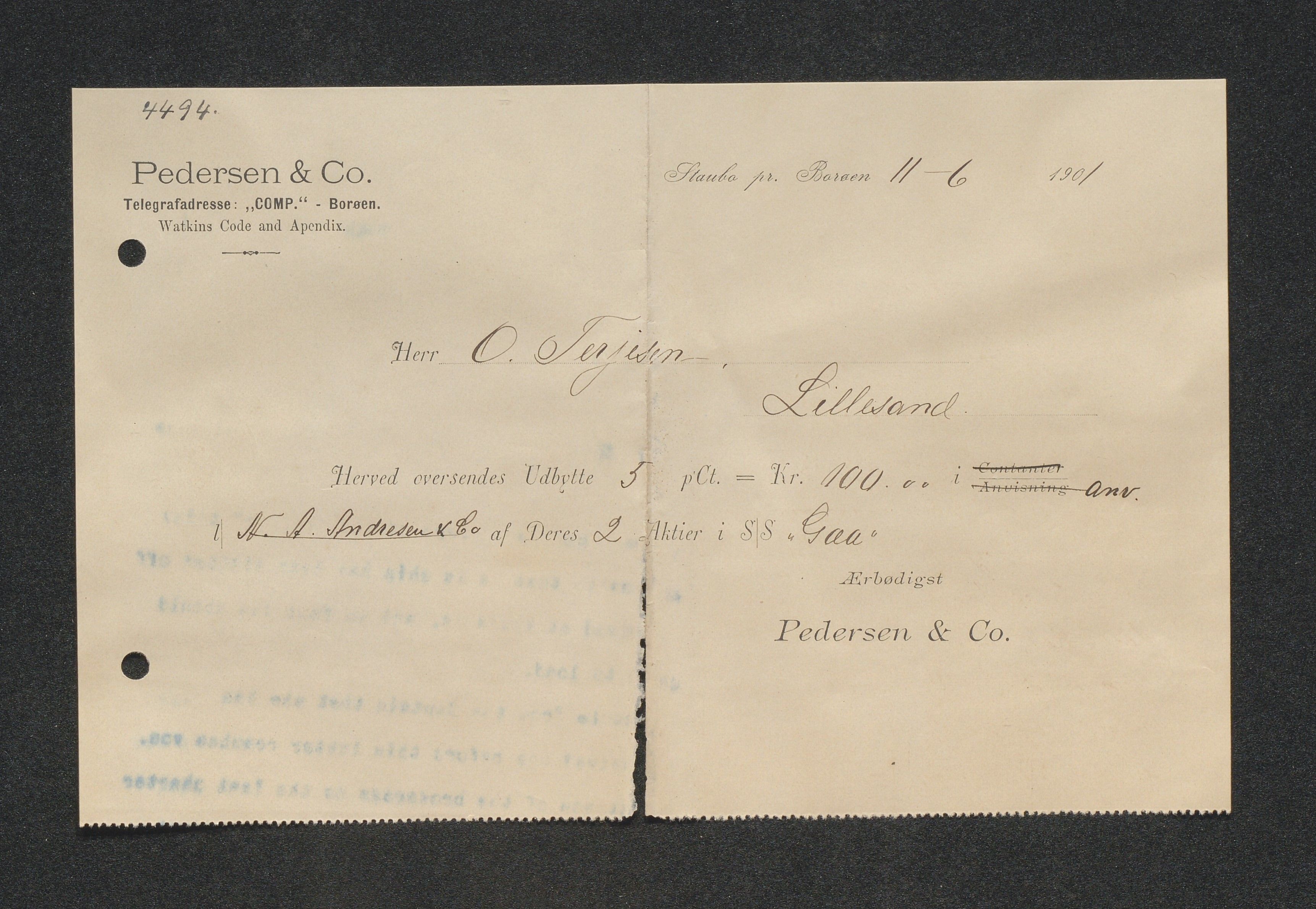 O. Terjesens rederi, AAKS/PA-2525/E/E01/L0009: Korrespondanse, 1901
