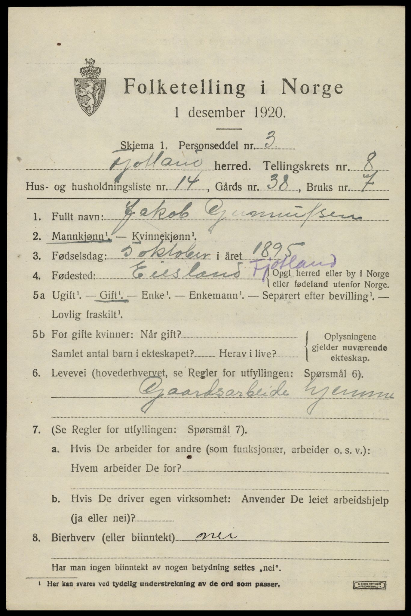 SAK, Folketelling 1920 for 1036 Fjotland herred, 1920, s. 2146