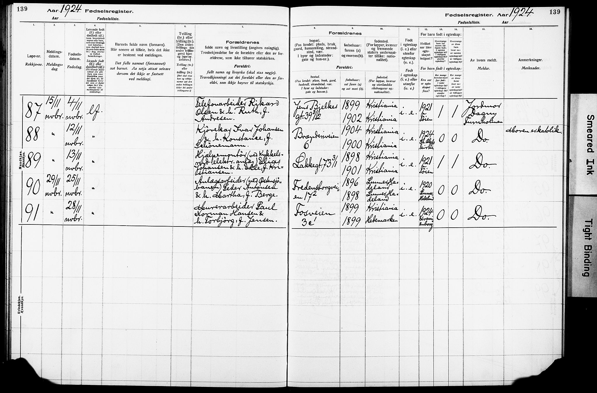 Krohgstøtten sykehusprest Kirkebøker, AV/SAO-A-10854/J/Ja/L0001: Fødselsregister nr. 1, 1917-1928, s. 139