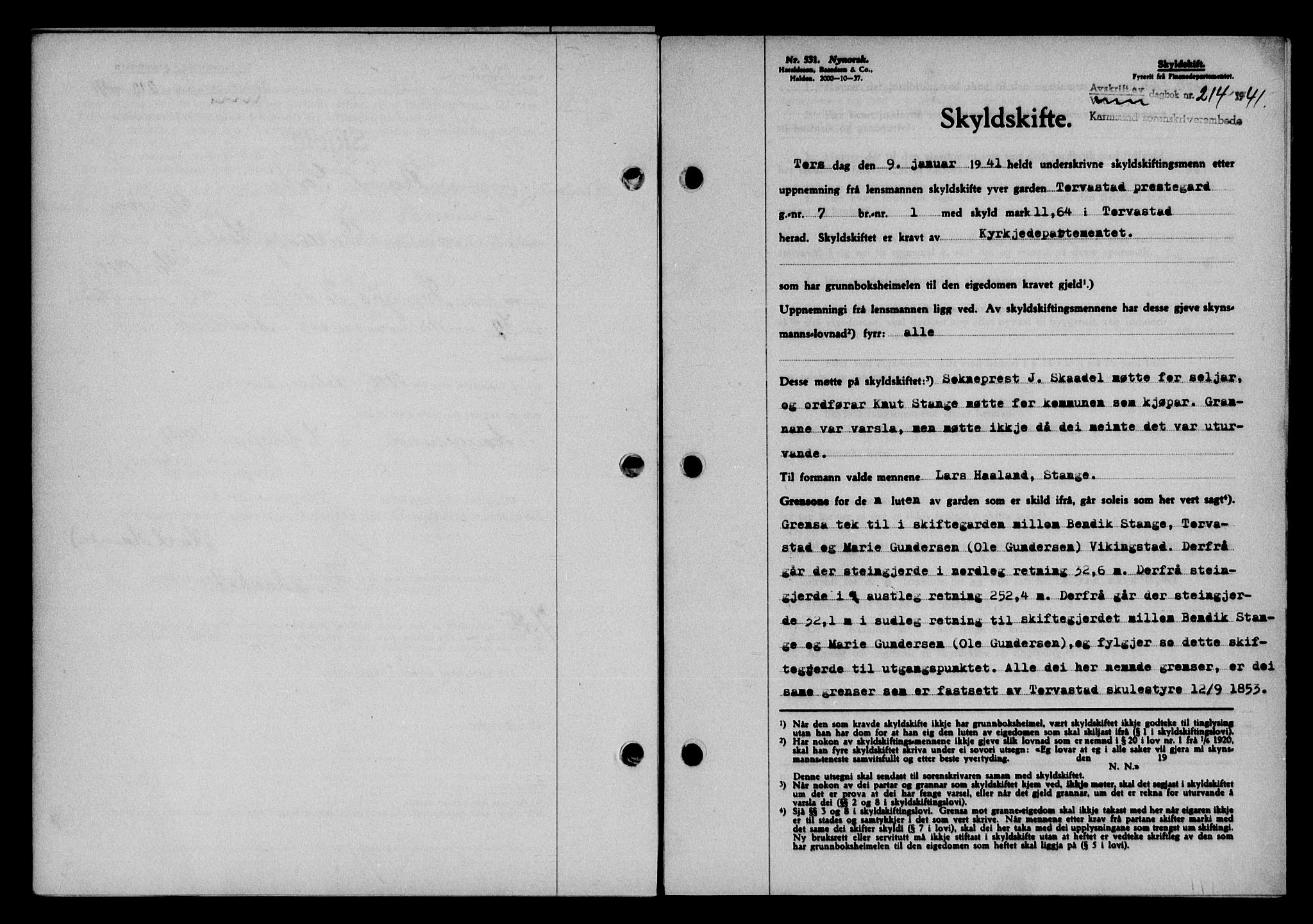 Karmsund sorenskriveri, SAST/A-100311/01/II/IIB/L0074: Pantebok nr. 55A, 1940-1941, Dagboknr: 214/1941