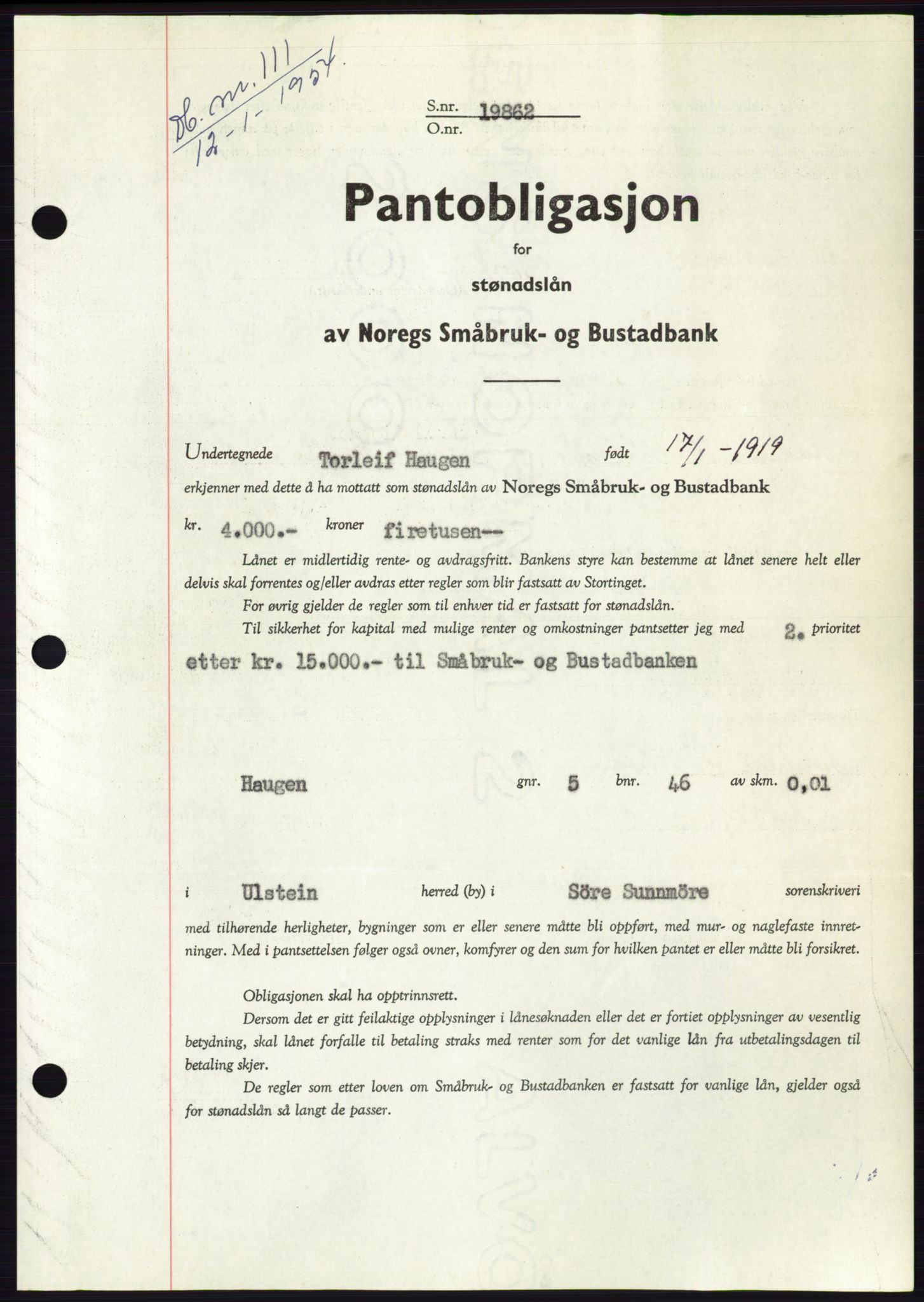Søre Sunnmøre sorenskriveri, AV/SAT-A-4122/1/2/2C/L0124: Pantebok nr. 12B, 1953-1954, Dagboknr: 111/1954