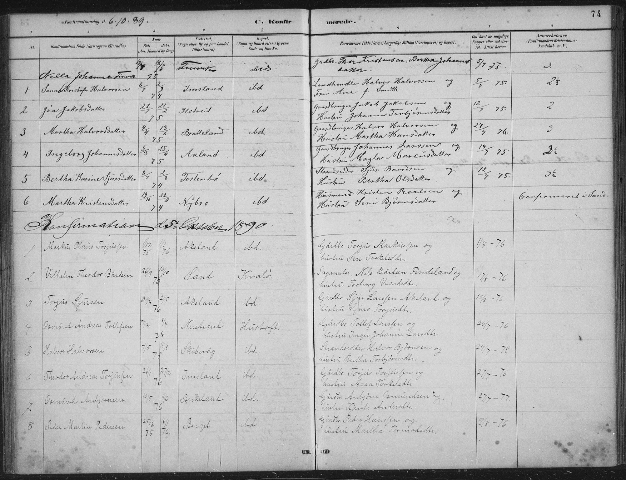 Vikedal sokneprestkontor, AV/SAST-A-101840/01/IV: Ministerialbok nr. A 12, 1886-1929, s. 74