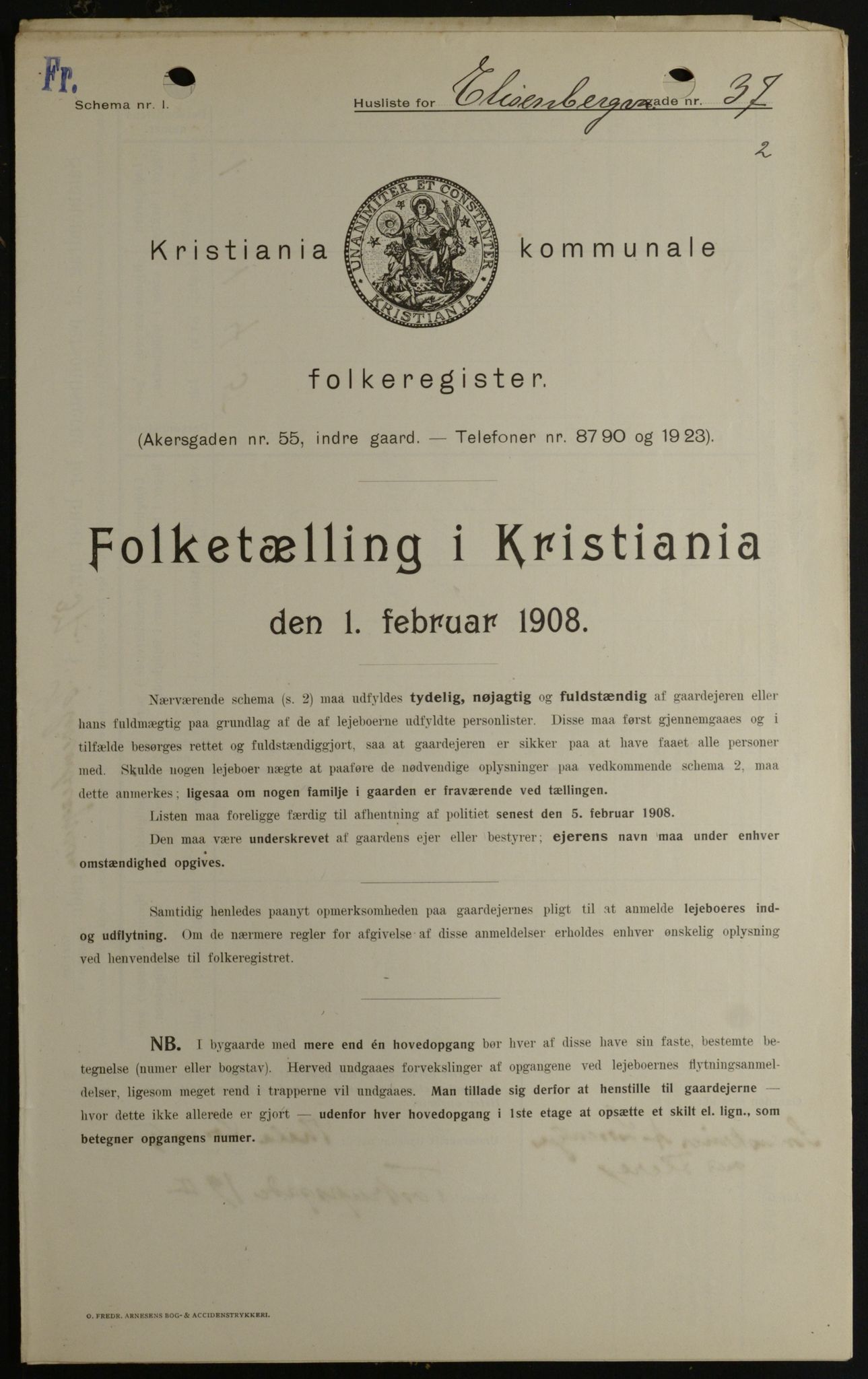 OBA, Kommunal folketelling 1.2.1908 for Kristiania kjøpstad, 1908, s. 19007