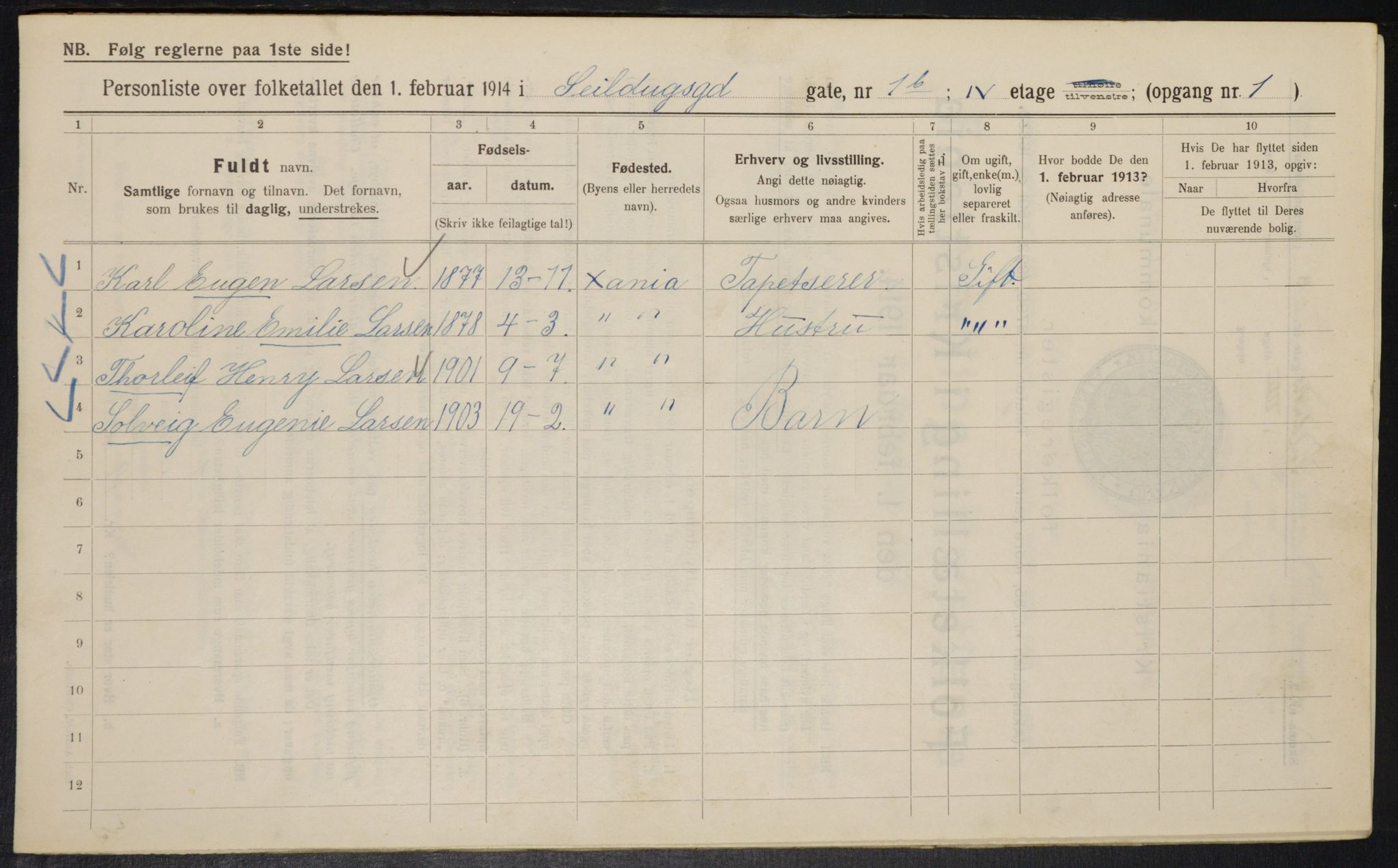 OBA, Kommunal folketelling 1.2.1914 for Kristiania, 1914, s. 93650