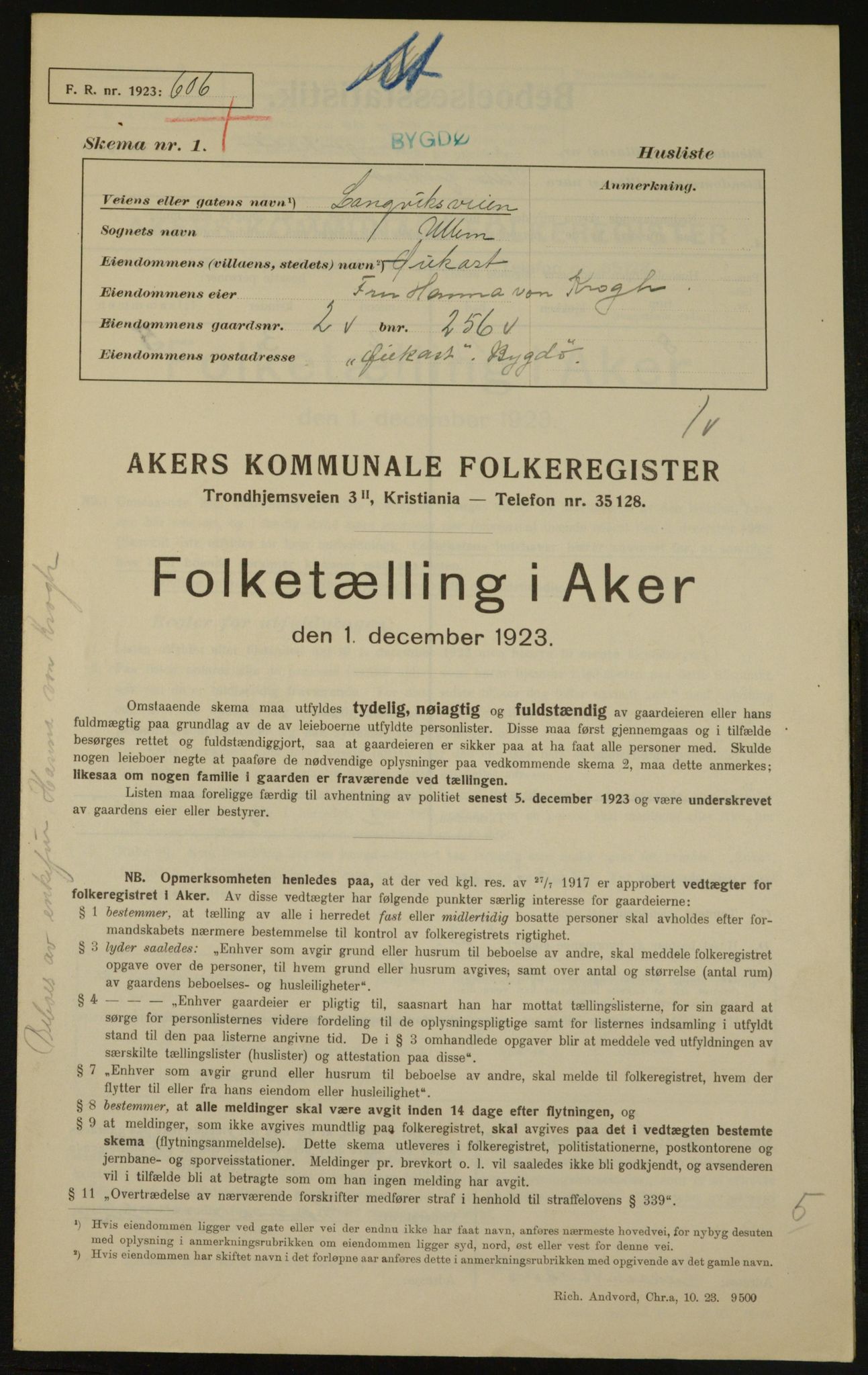 , Kommunal folketelling 1.12.1923 for Aker, 1923, s. 3548