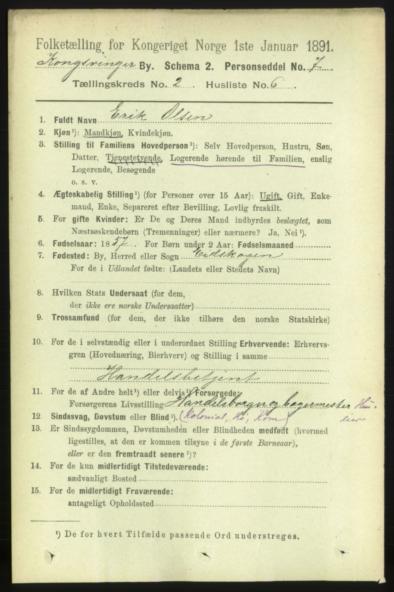 RA, Folketelling 1891 for 0402 Kongsvinger kjøpstad, 1891, s. 833