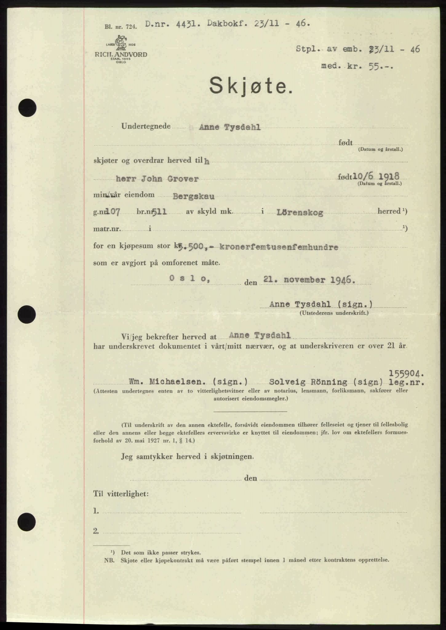 Nedre Romerike sorenskriveri, AV/SAO-A-10469/G/Gb/Gbd/L0017: Pantebok nr. 17, 1946-1946, Dagboknr: 4431/1946