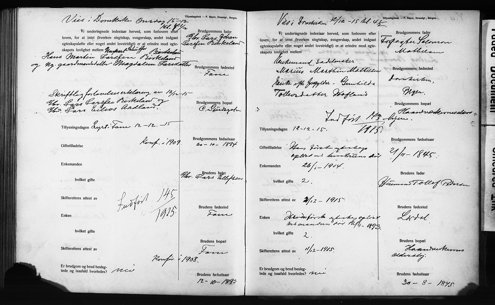 Domkirken sokneprestembete, SAB/A-74801: Forlovererklæringer nr. II.5.12, 1910-1917, s. 323