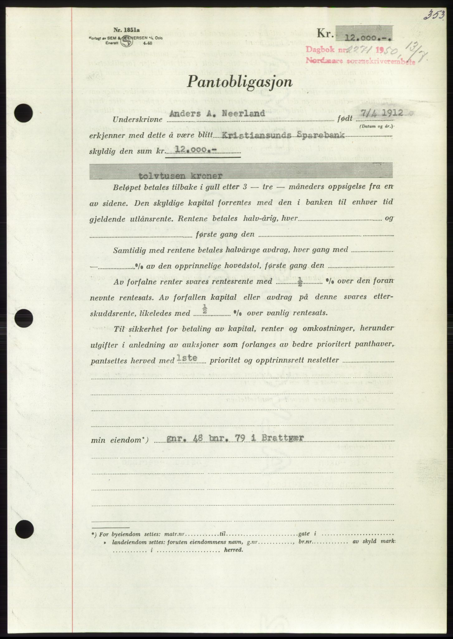 Nordmøre sorenskriveri, AV/SAT-A-4132/1/2/2Ca: Pantebok nr. B105, 1950-1950, Dagboknr: 2271/1950