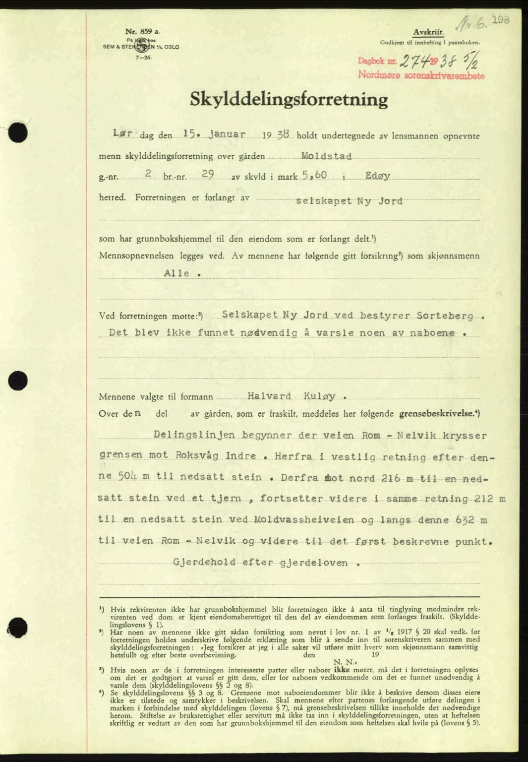 Nordmøre sorenskriveri, SAT/A-4132/1/2/2Ca: Pantebok nr. A83, 1938-1938, Dagboknr: 274/1938