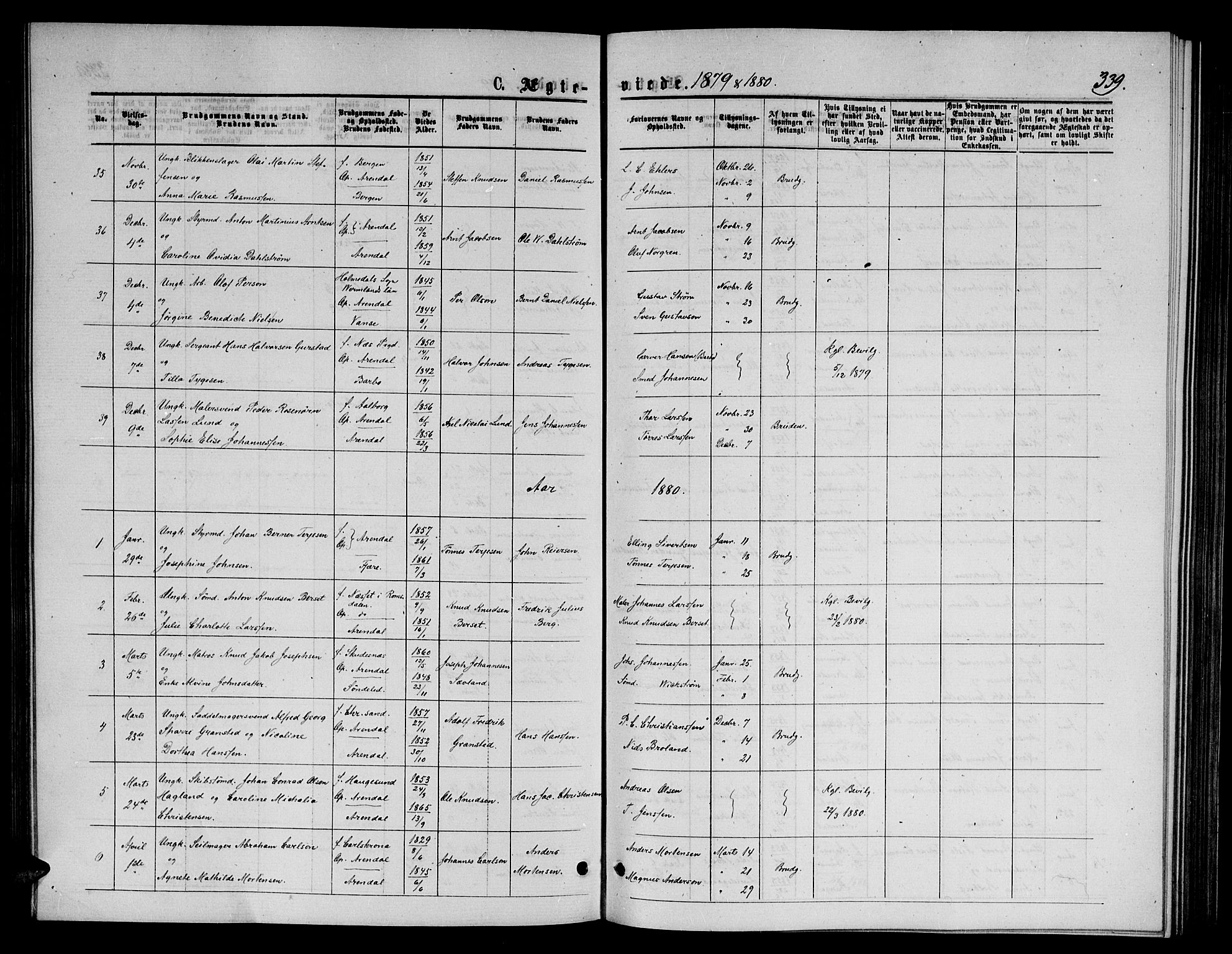 Arendal sokneprestkontor, Trefoldighet, SAK/1111-0040/F/Fb/L0005: Klokkerbok nr. B 5, 1874-1888, s. 339