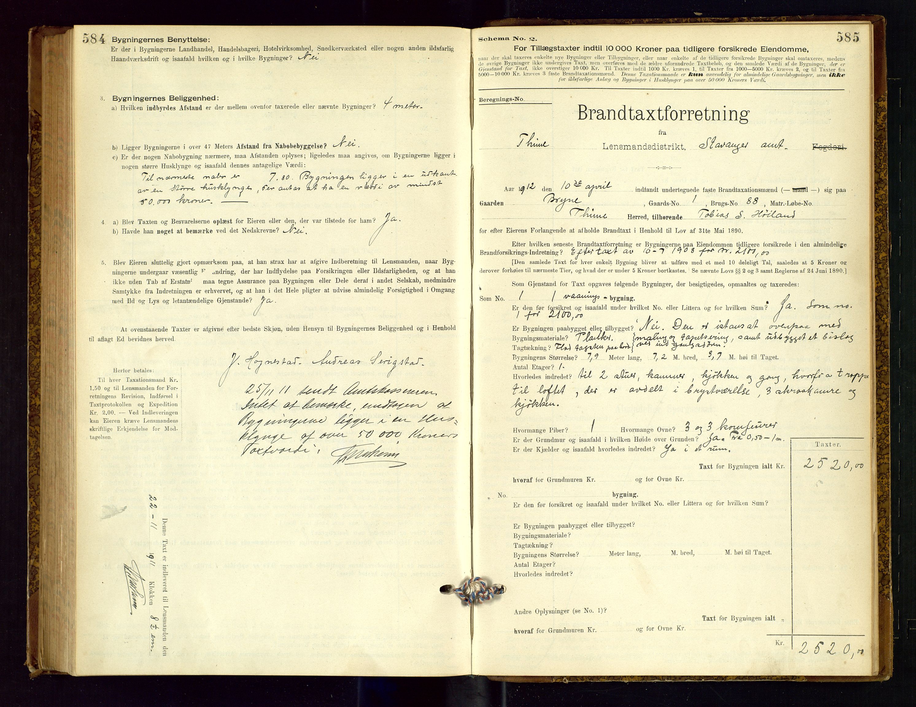 Time lensmannskontor, AV/SAST-A-100420/Gob/L0001: Branntakstprotokoll, 1896-1914, s. 584-585