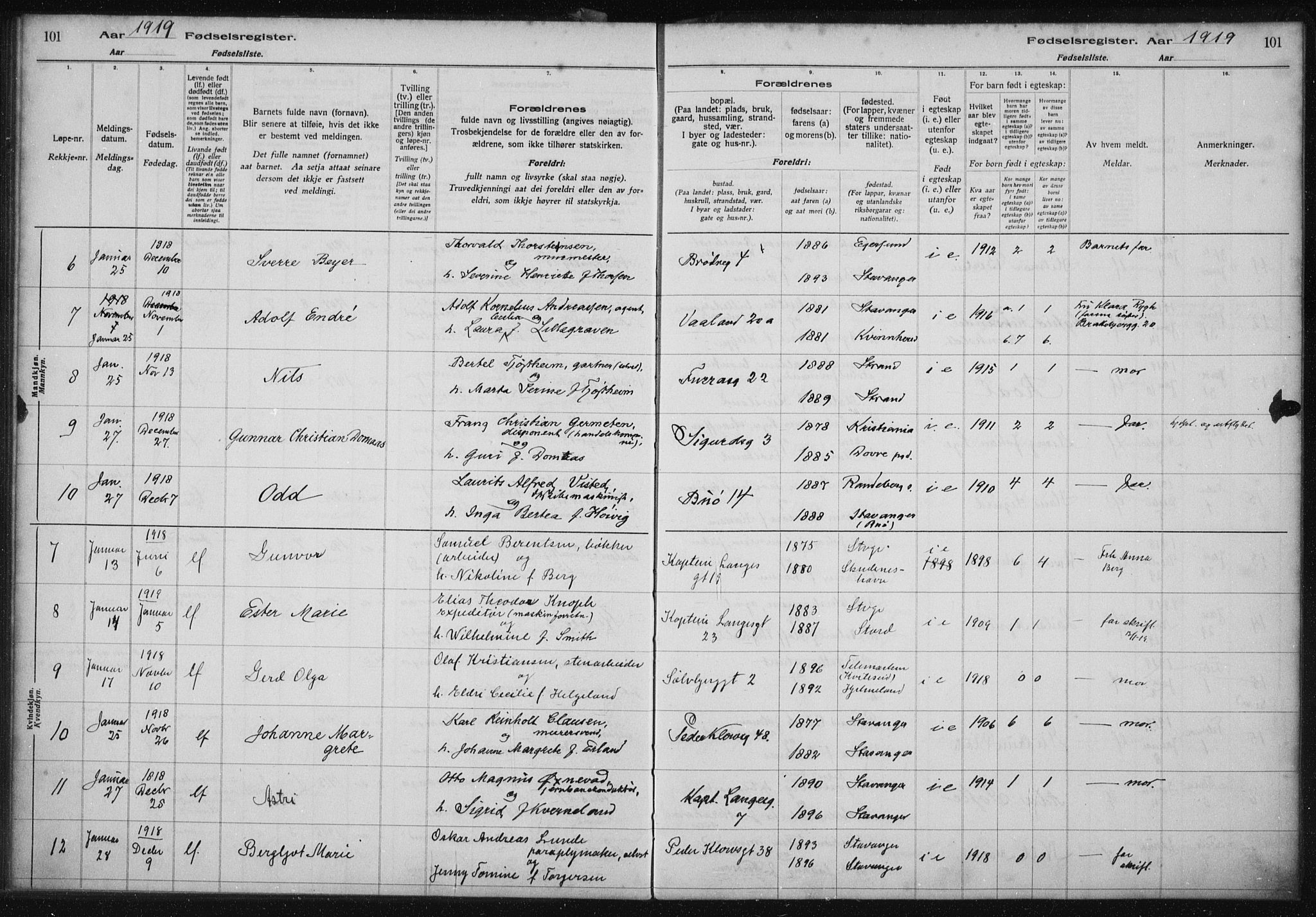 St. Petri sokneprestkontor, AV/SAST-A-101813/002/A/L0001: Fødselsregister nr. 1, 1916-1922, s. 101