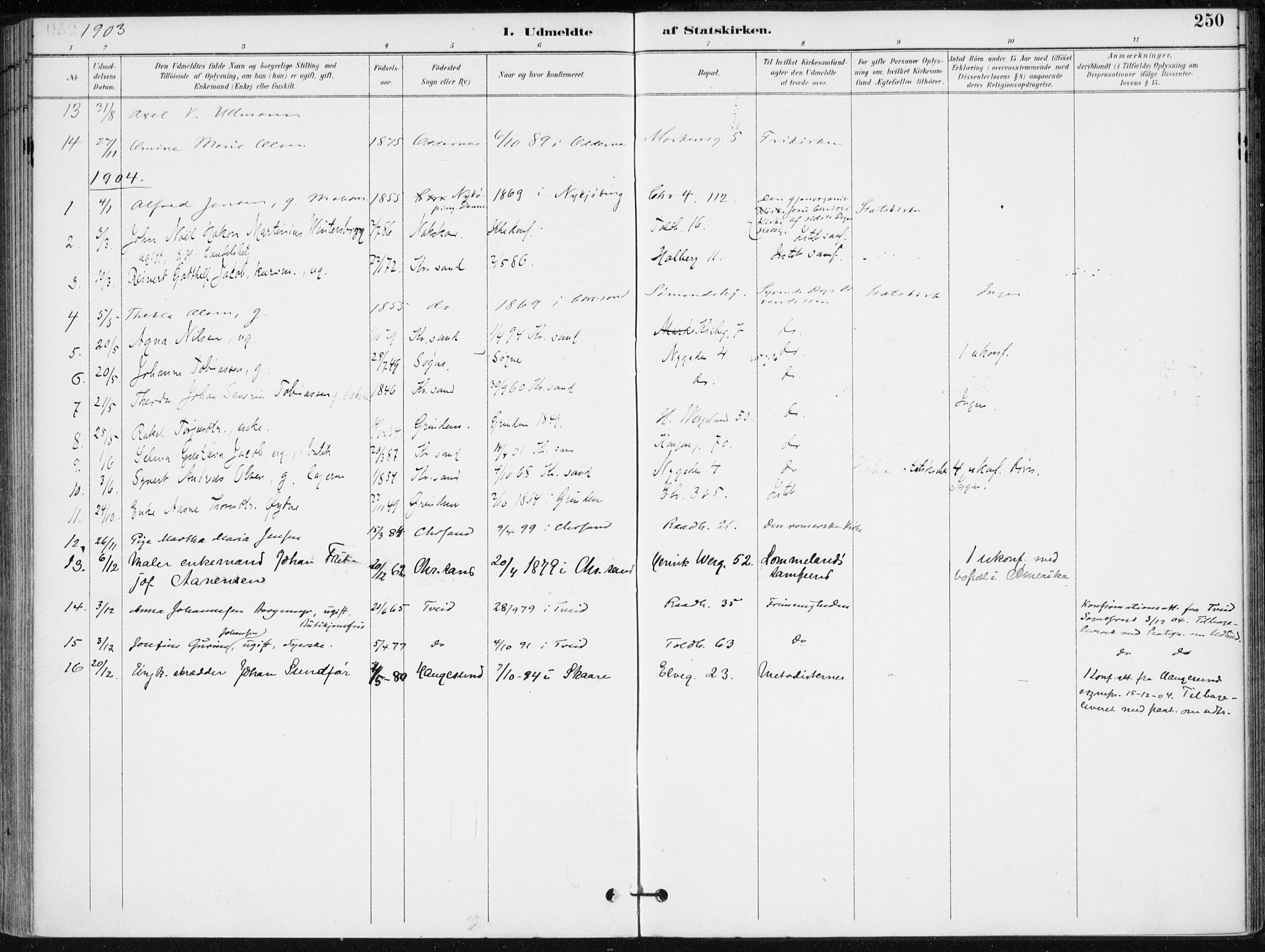 Kristiansand domprosti, AV/SAK-1112-0006/F/Fa/L0020: Ministerialbok nr. A 19, 1893-1904, s. 250