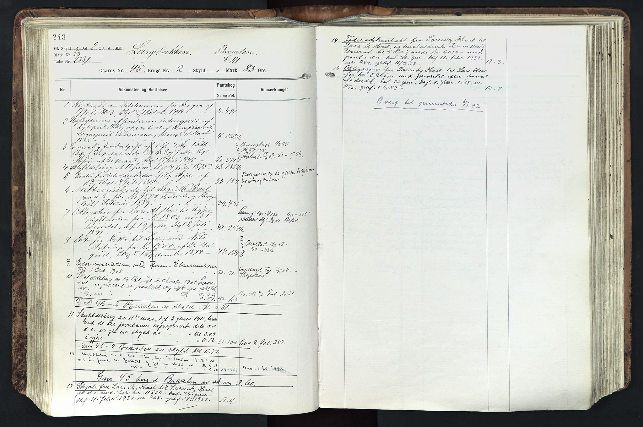 Solør tingrett, AV/SAH-TING-008/H/Ha/Hak/L0003: Panteregister nr. III, 1900-1935, s. 243