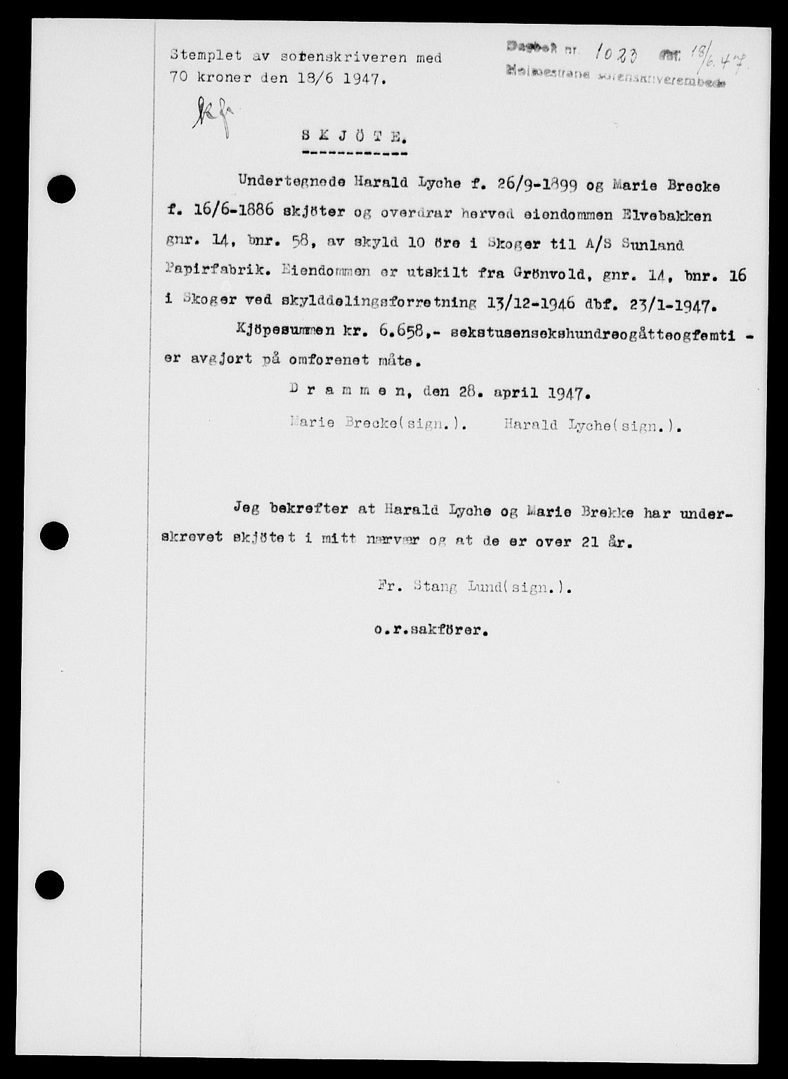 Holmestrand sorenskriveri, SAKO/A-67/G/Ga/Gaa/L0062: Pantebok nr. A-62, 1947-1947, Dagboknr: 1023/1947