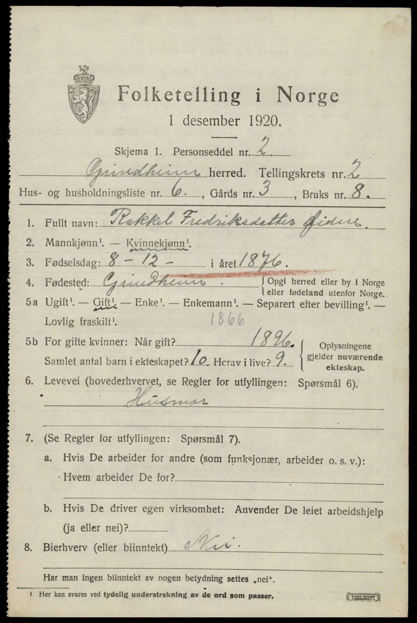 SAK, Folketelling 1920 for 1025 Grindheim herred, 1920, s. 603