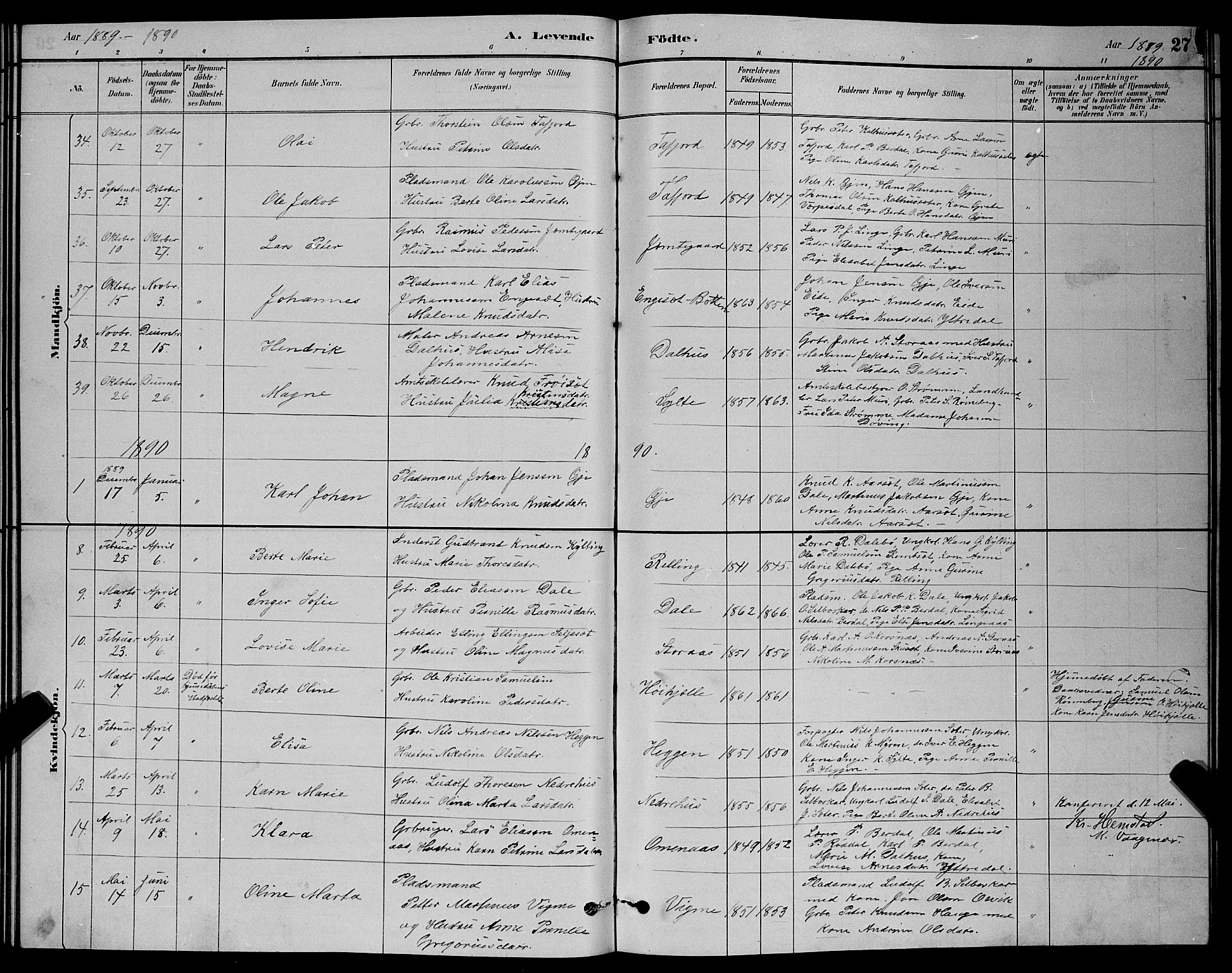 Ministerialprotokoller, klokkerbøker og fødselsregistre - Møre og Romsdal, SAT/A-1454/519/L0263: Klokkerbok nr. 519C04, 1885-1892, s. 27