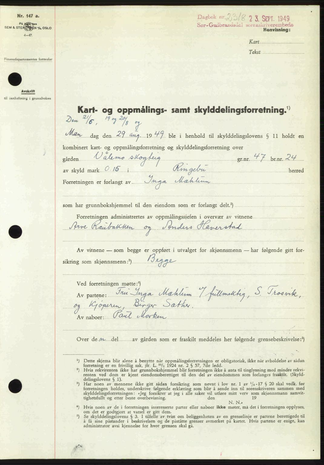 Sør-Gudbrandsdal tingrett, SAH/TING-004/H/Hb/Hbd/L0026: Pantebok nr. A26, 1949-1949, Dagboknr: 2318/1949