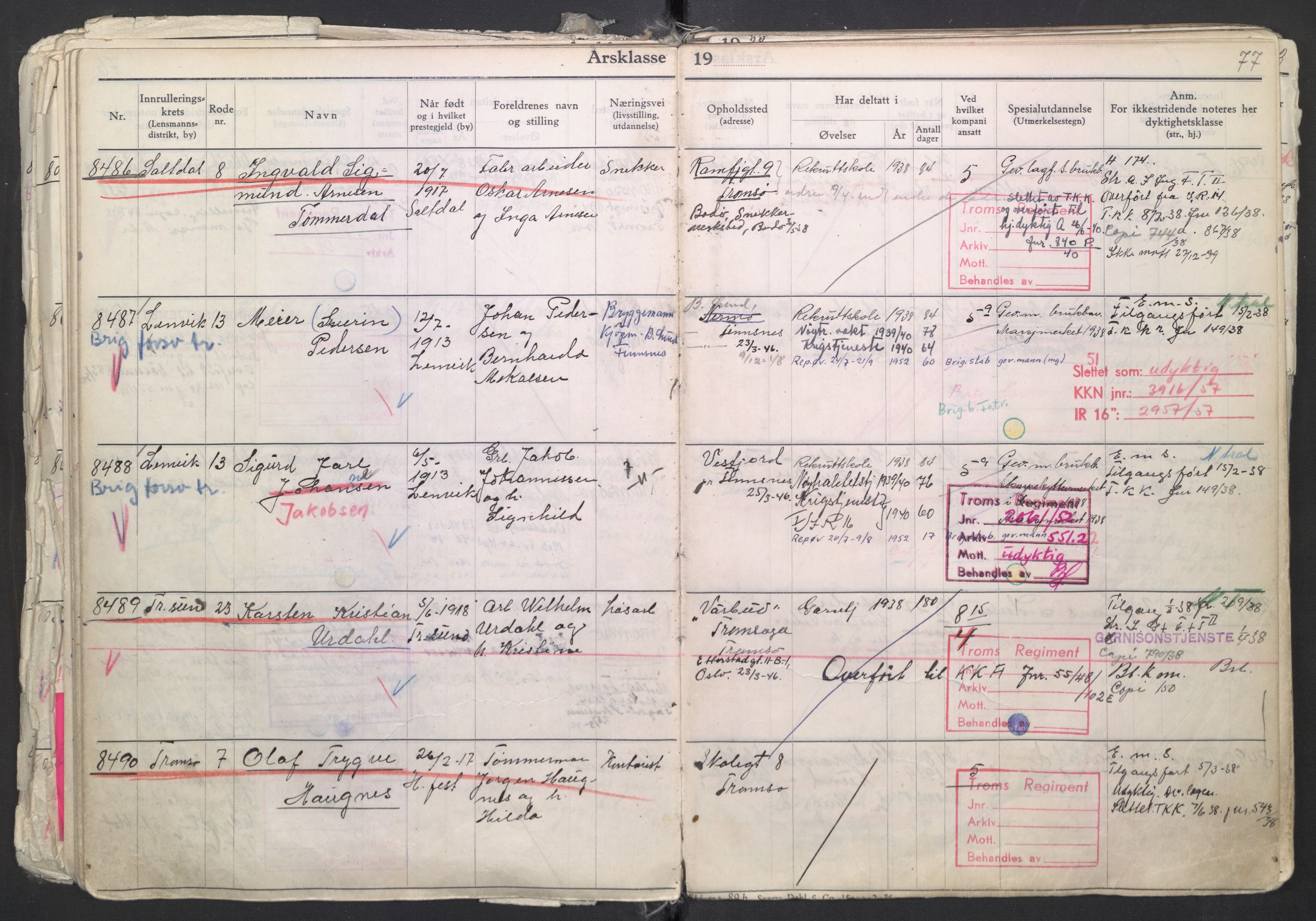 Forsvaret, Troms infanteriregiment nr. 16, AV/RA-RAFA-3146/P/Pa/L0007/0003: Ruller / Rulle for regimentets menige mannskaper, årsklasse 1938, 1938, s. 77