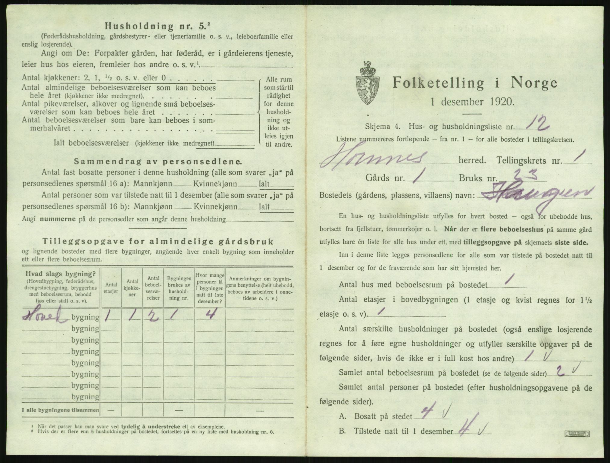 SAK, Folketelling 1920 for 0936 Hornnes herred, 1920, s. 79