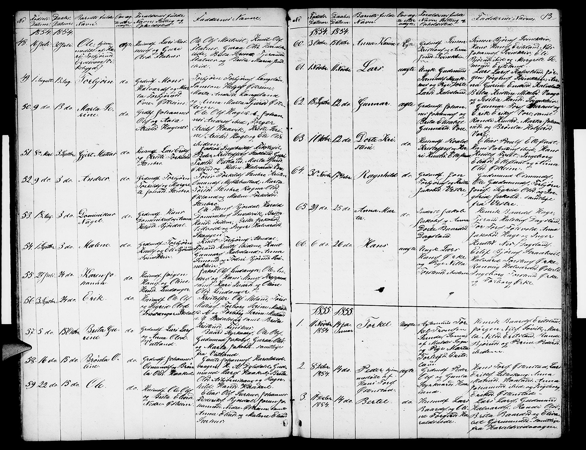 Skjold sokneprestkontor, SAST/A-101847/H/Ha/Hab/L0003: Klokkerbok nr. B 3, 1850-1867, s. 13