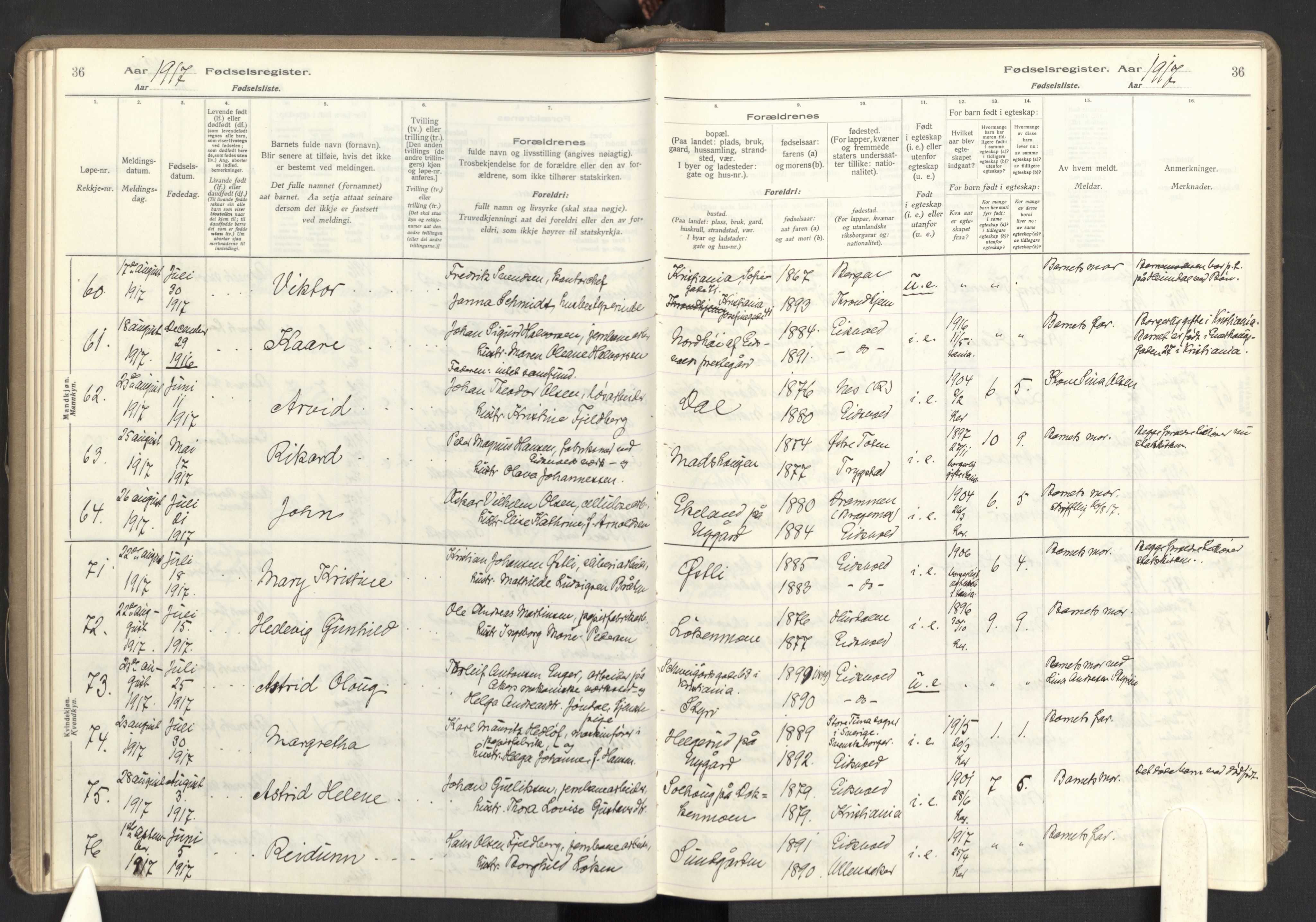 Eidsvoll prestekontor Kirkebøker, AV/SAO-A-10888/J/Ja/L0001: Fødselsregister nr. I 1, 1916-1924, s. 36