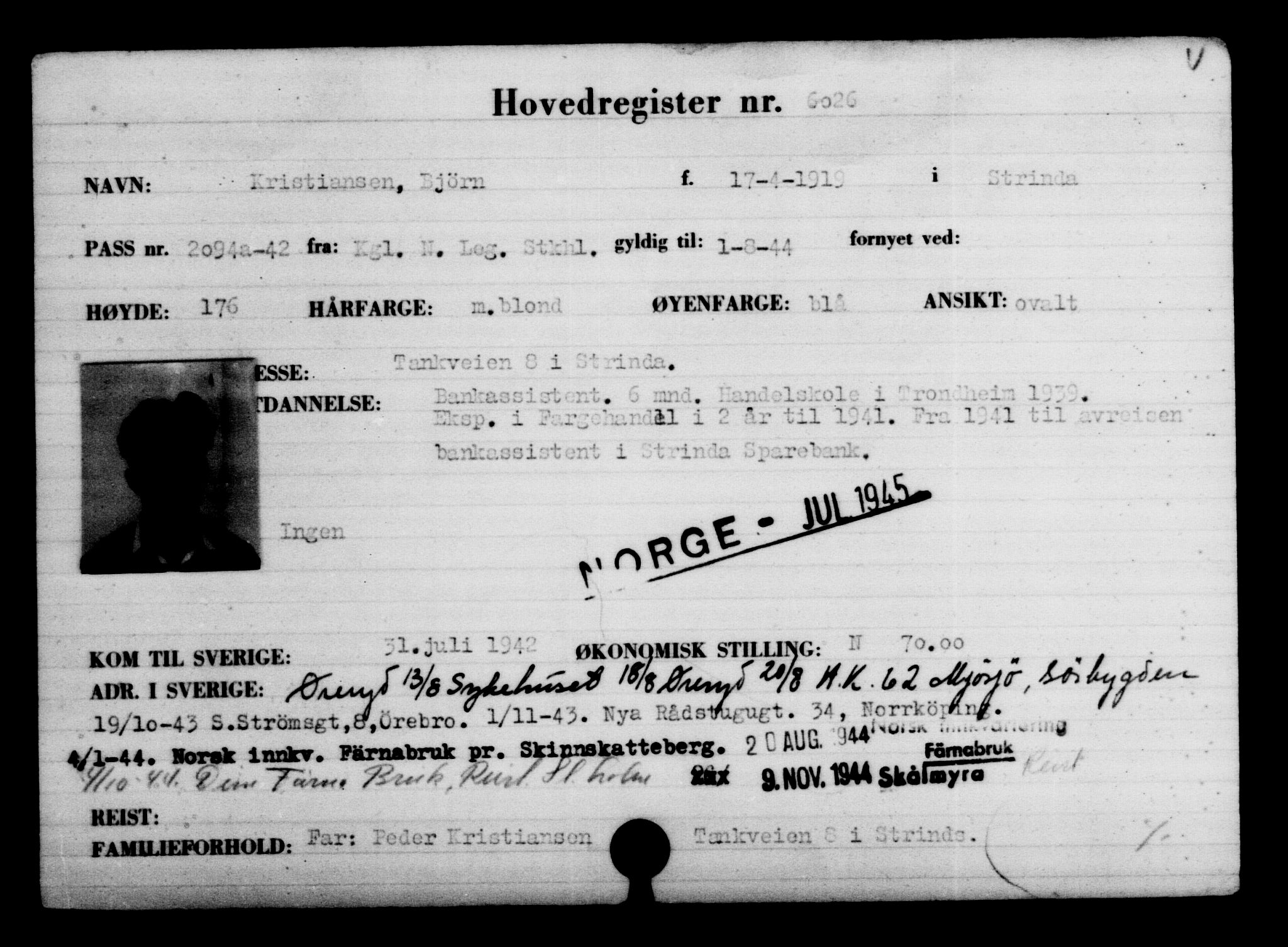Utenriksstasjonene, Legasjonen i Stockholm, Flyktningkontoret, AV/RA-S-6753/V/Va/L0004: Kjesäterkartoteket, flyktninger med registreringsnr. 3496-6610, 1940-1945, s. 2959