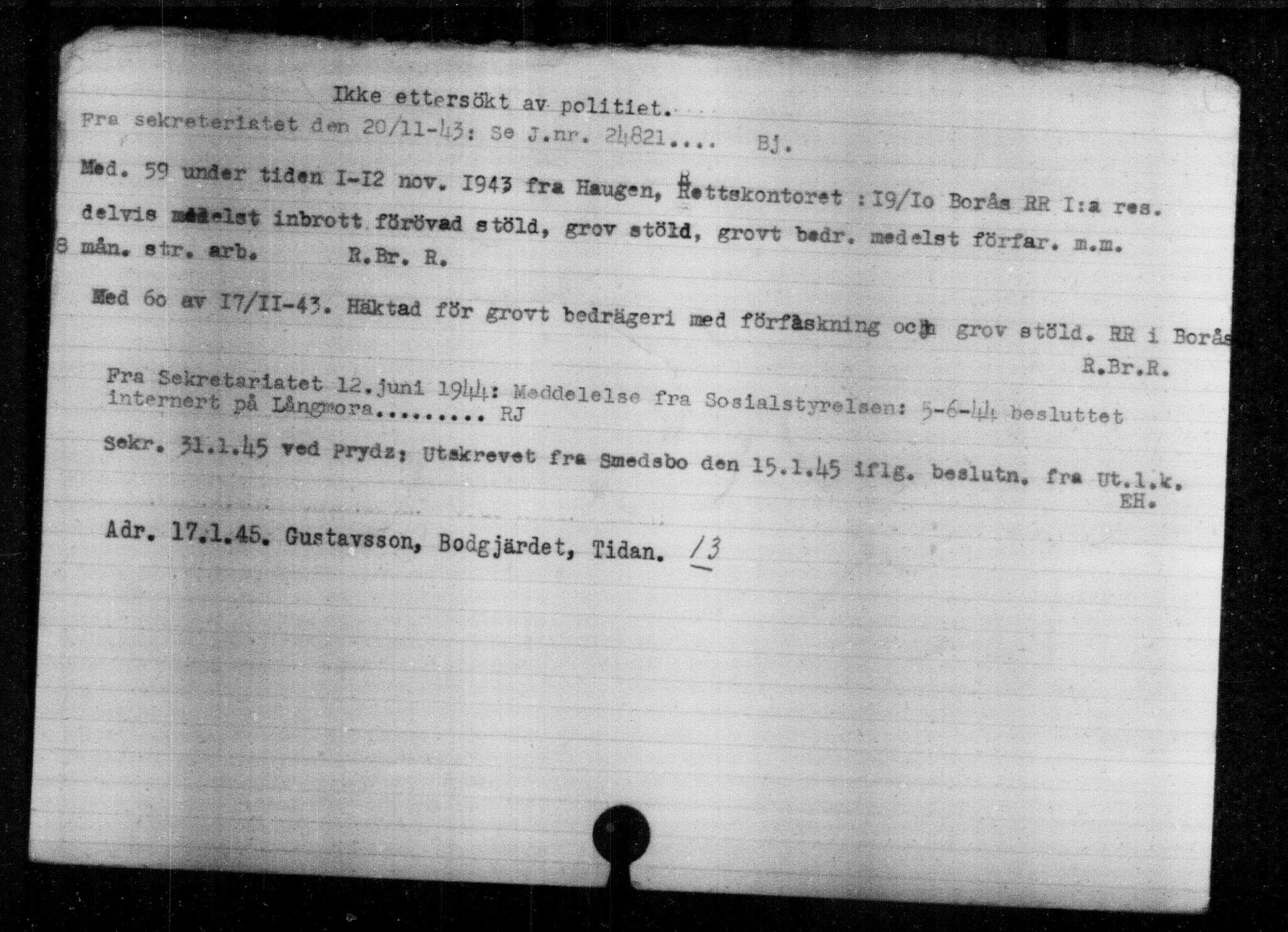 Den Kgl. Norske Legasjons Flyktningskontor, RA/S-6753/V/Va/L0004: Kjesäterkartoteket.  Flyktningenr. 3496-6610, 1940-1945, s. 1796