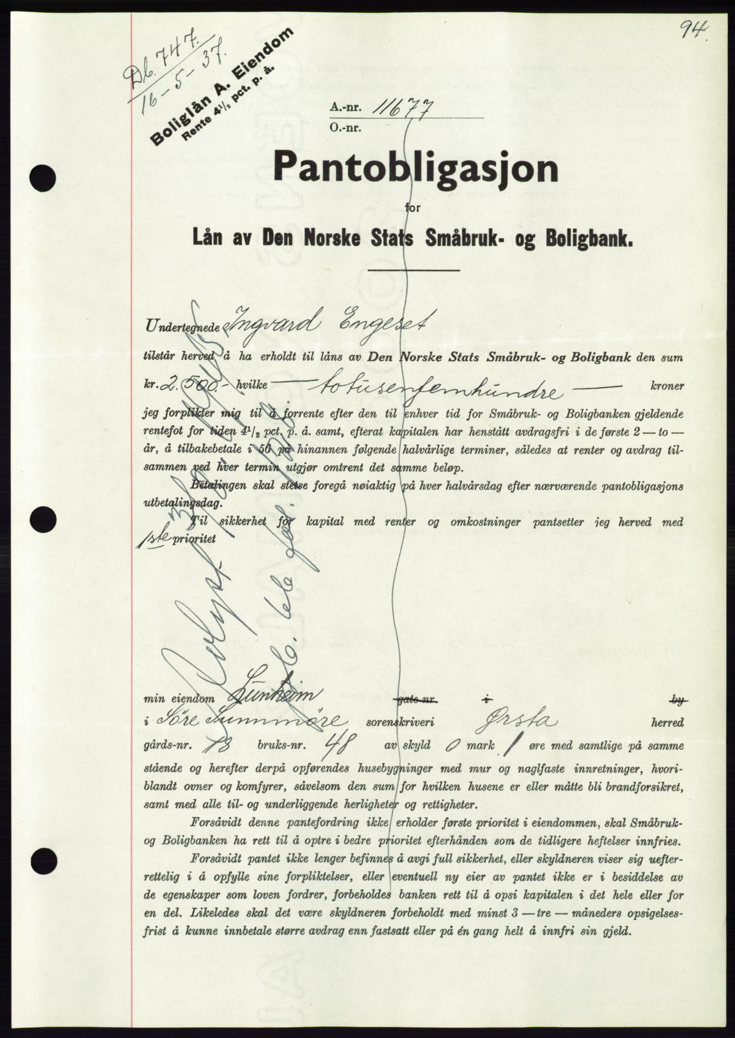 Søre Sunnmøre sorenskriveri, AV/SAT-A-4122/1/2/2C/L0068: Pantebok nr. 62, 1939-1939, Dagboknr: 747/1939