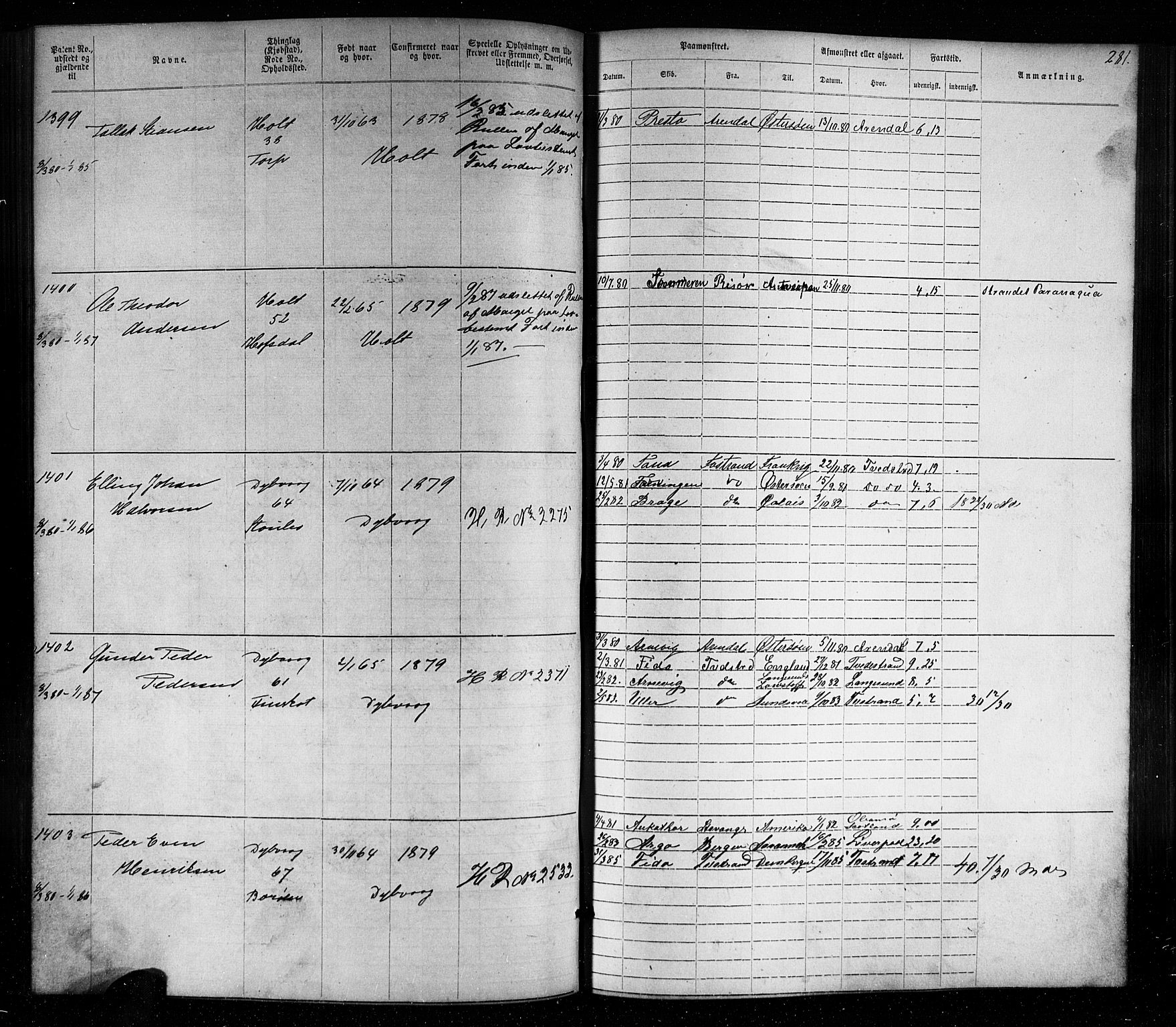 Tvedestrand mønstringskrets, SAK/2031-0011/F/Fa/L0003: Annotasjonsrulle nr 1-1905 med register, U-25, 1866-1886, s. 305