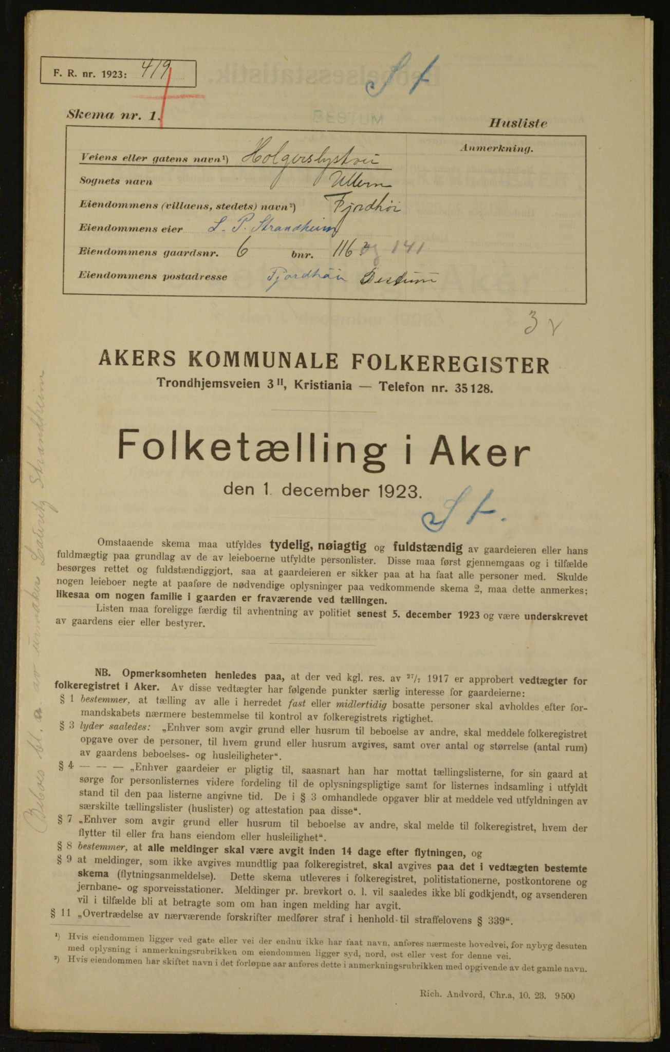 , Kommunal folketelling 1.12.1923 for Aker, 1923, s. 2602