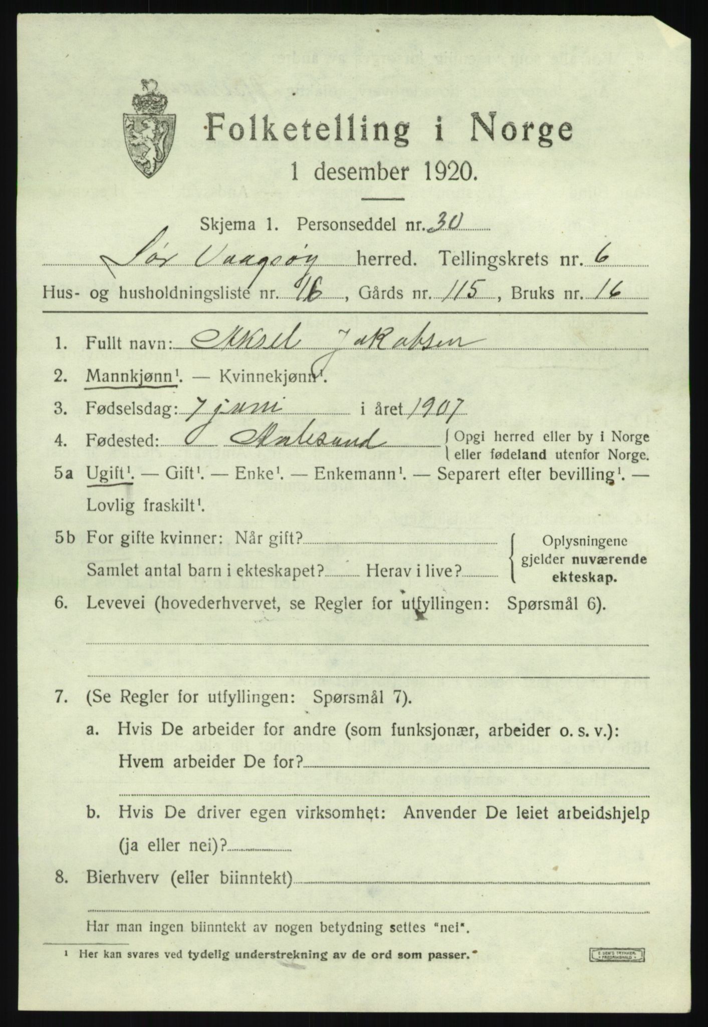SAB, Folketelling 1920 for 1439 Sør-Vågsøy herred, 1920, s. 3564