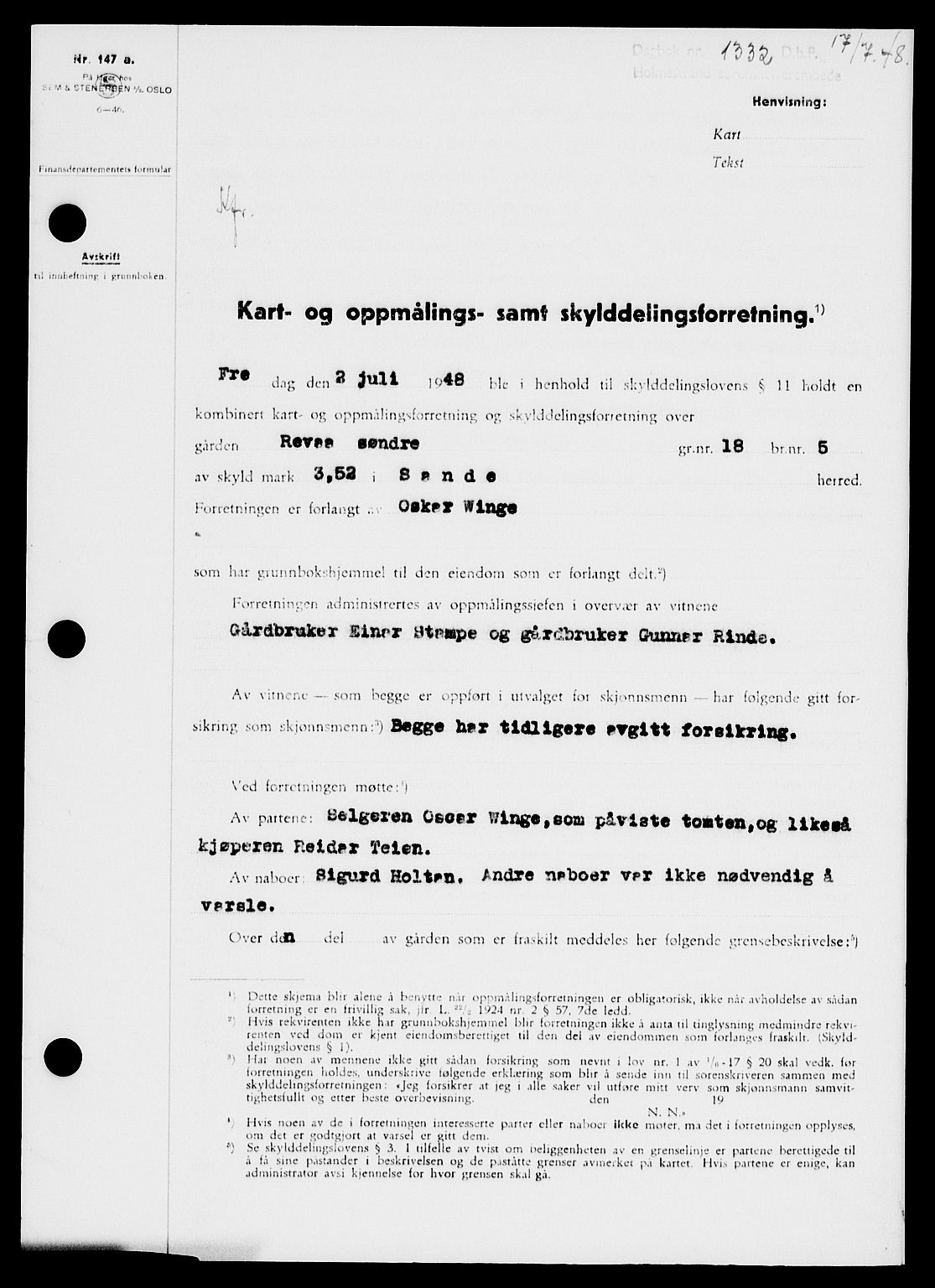 Holmestrand sorenskriveri, SAKO/A-67/G/Ga/Gaa/L0064: Pantebok nr. A-64, 1948-1948, Dagboknr: 1332/1948