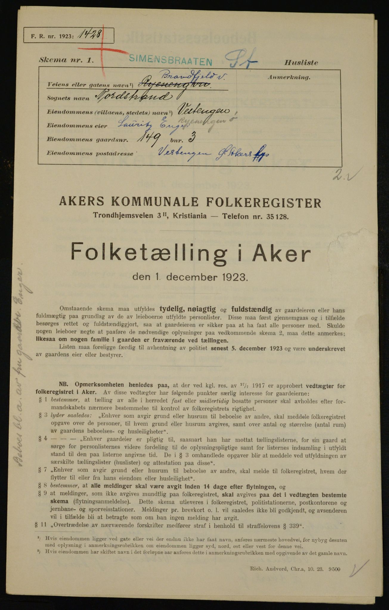 , Kommunal folketelling 1.12.1923 for Aker, 1923, s. 44800