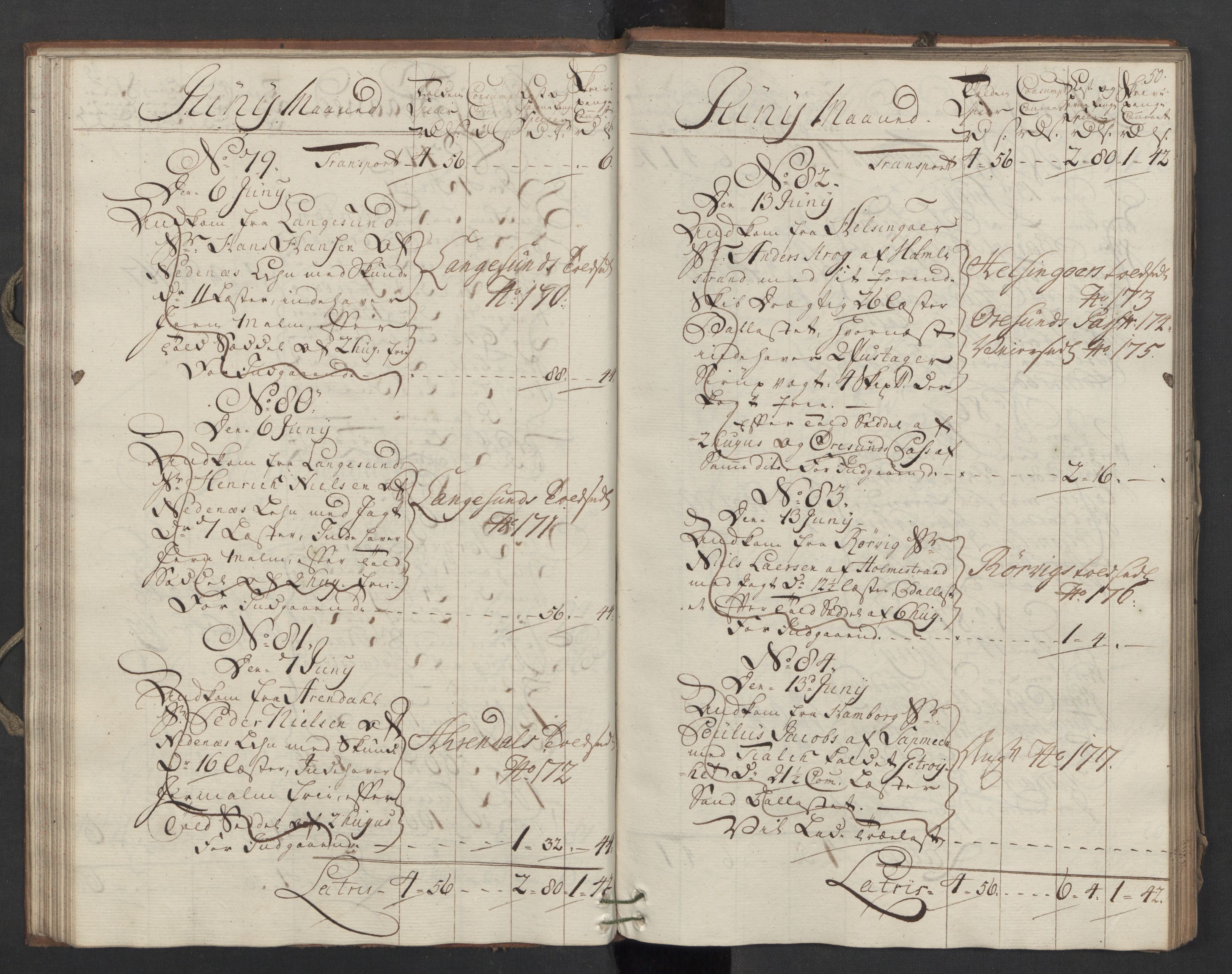 Generaltollkammeret, tollregnskaper, AV/RA-EA-5490/R09/L0037/0001: Tollregnskaper Holmestrand / Inngående hovedtollbok, 1764, s. 49b-50a