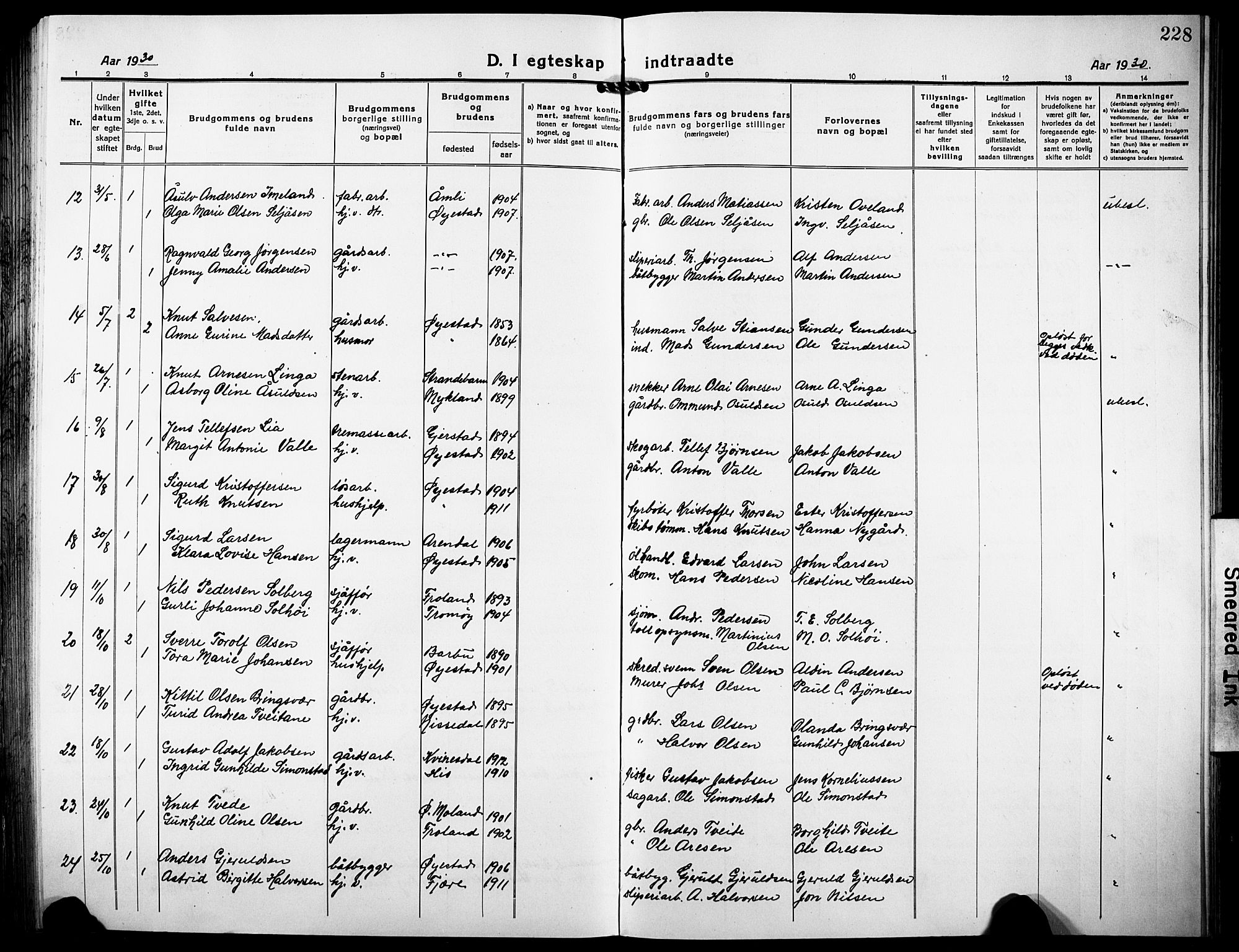 Øyestad sokneprestkontor, AV/SAK-1111-0049/F/Fb/L0012: Klokkerbok nr. B 12, 1919-1932, s. 228