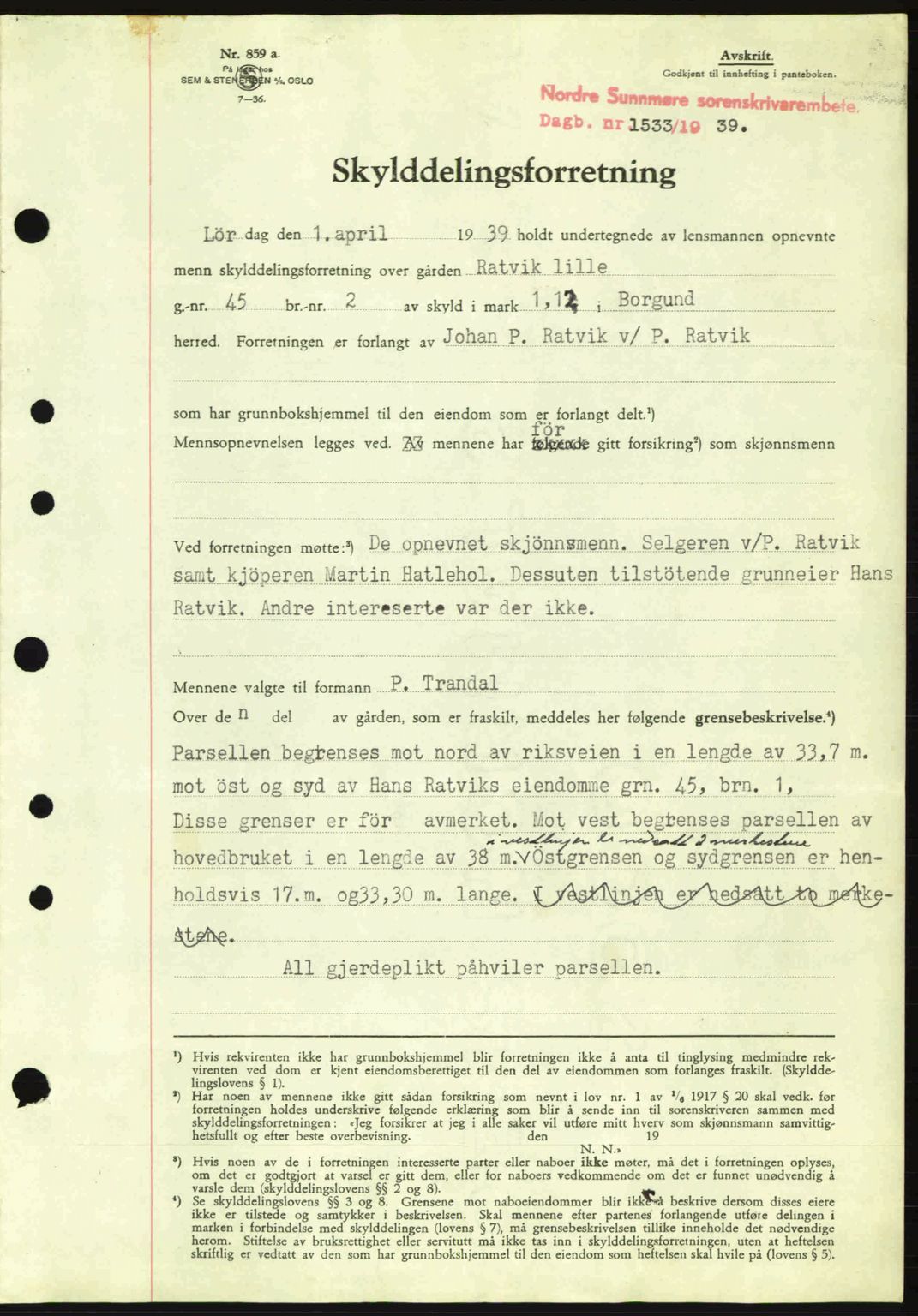 Nordre Sunnmøre sorenskriveri, SAT/A-0006/1/2/2C/2Ca: Pantebok nr. A7, 1939-1939, Dagboknr: 1533/1939