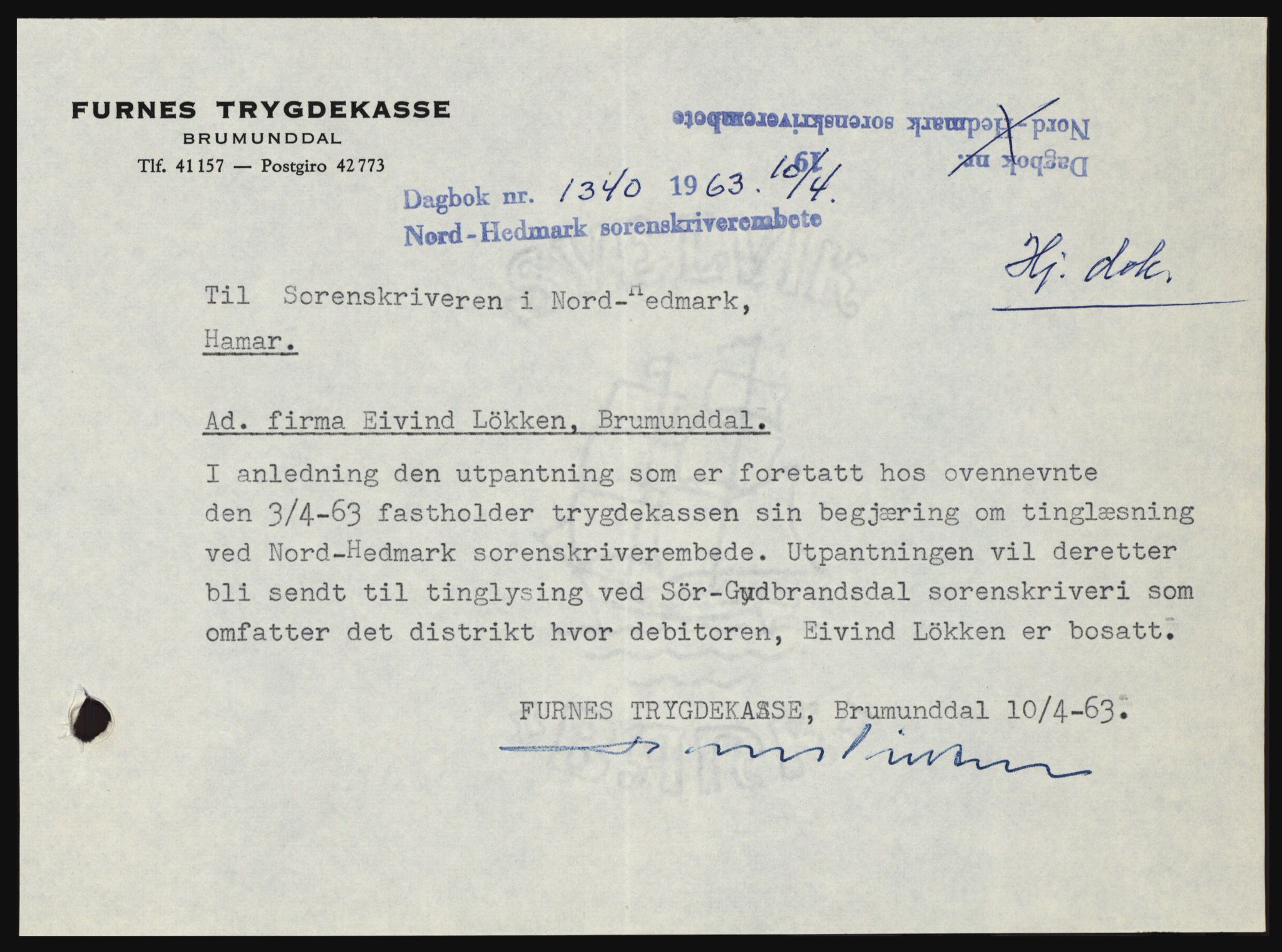 Nord-Hedmark sorenskriveri, SAH/TING-012/H/Hc/L0017: Pantebok nr. 17, 1962-1963, Dagboknr: 1340/1963