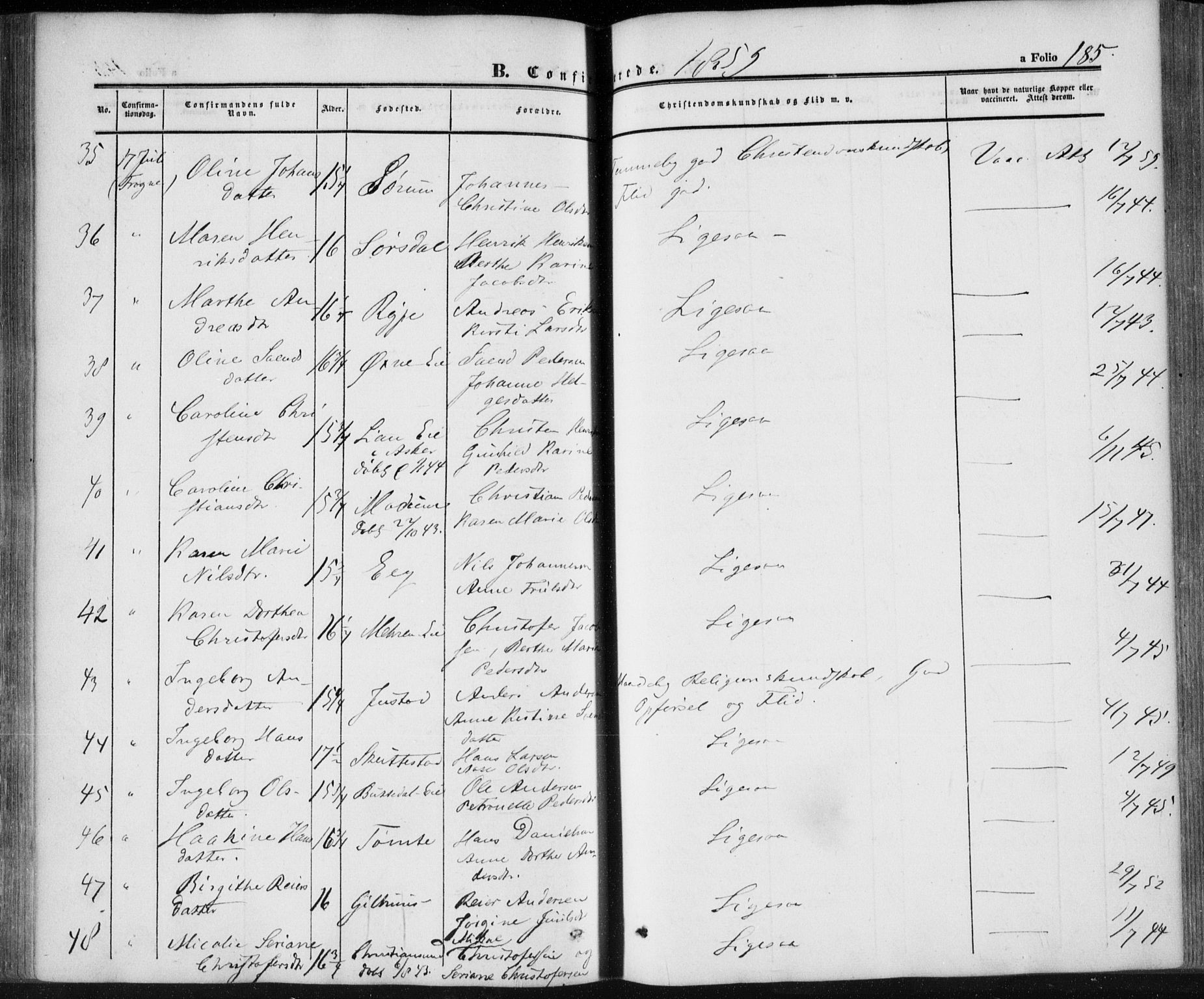 Lier kirkebøker, AV/SAKO-A-230/F/Fa/L0012: Ministerialbok nr. I 12, 1854-1864, s. 185