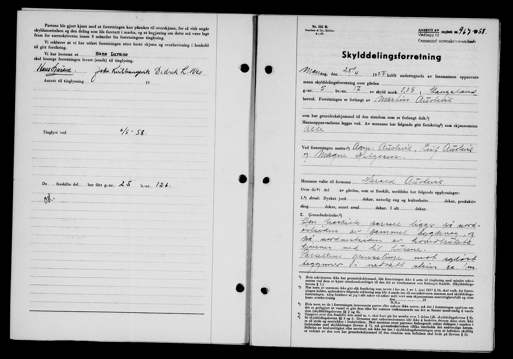 Karmsund sorenskriveri, SAST/A-100311/01/II/IIB/L0128: Pantebok nr. 108A, 1958-1958, Dagboknr: 967/1958