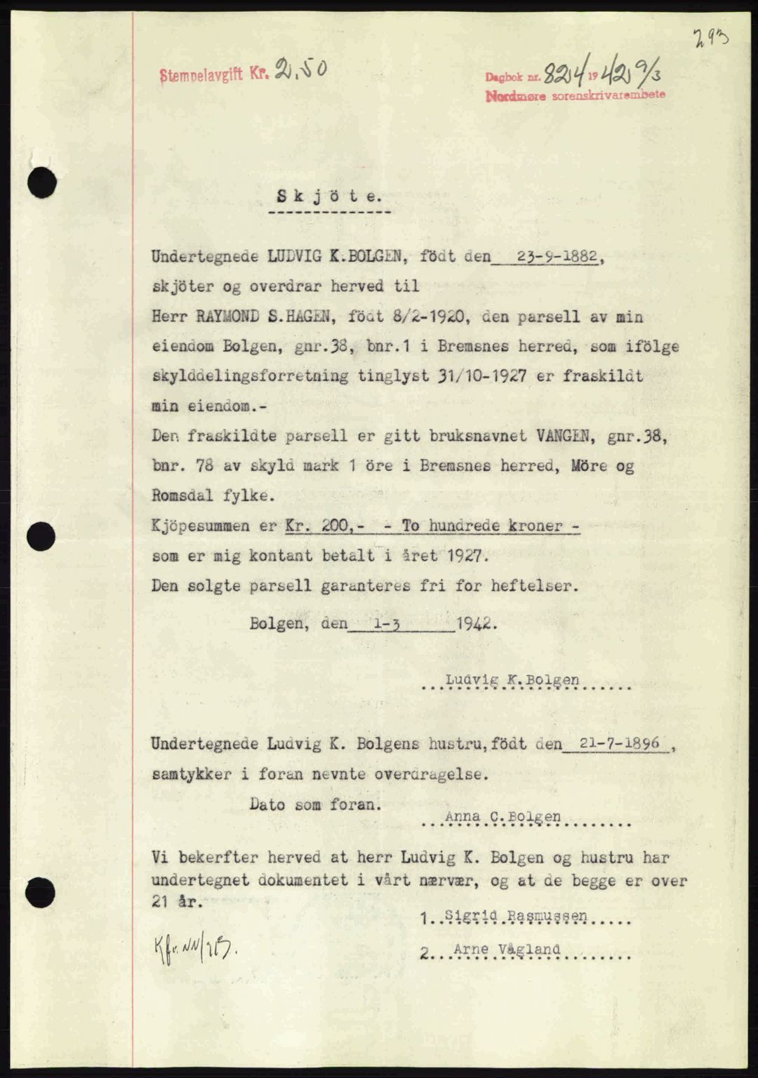 Nordmøre sorenskriveri, SAT/A-4132/1/2/2Ca: Pantebok nr. A92, 1942-1942, Dagboknr: 824/1942