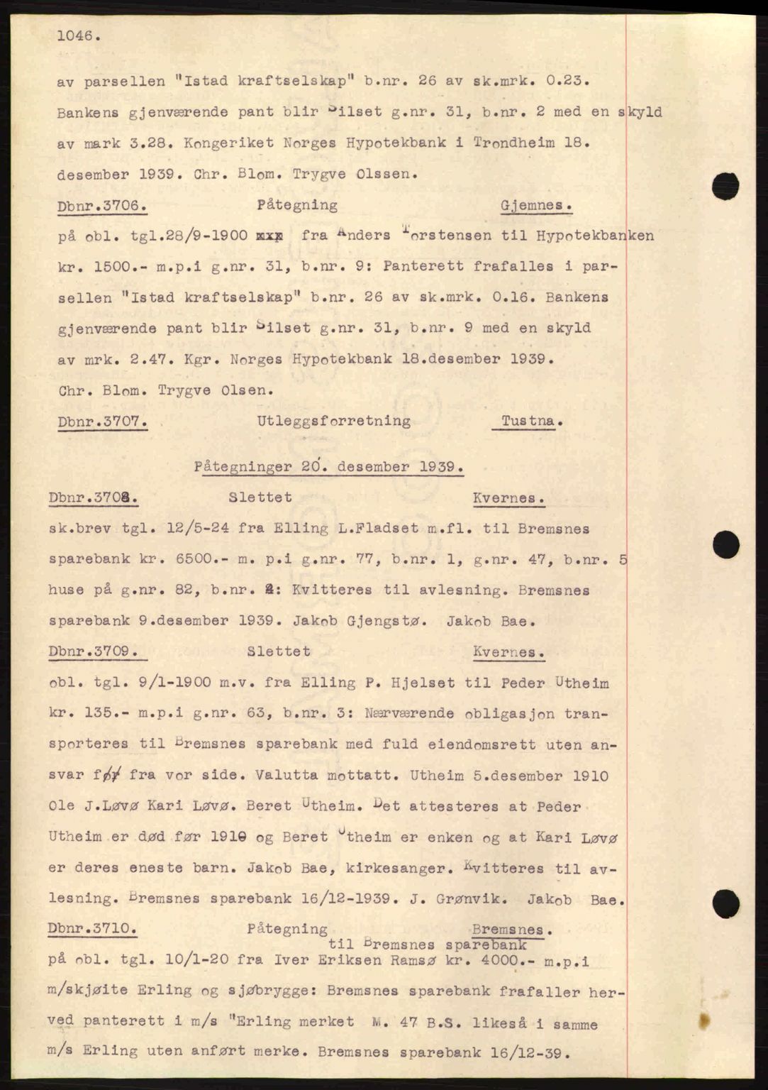 Nordmøre sorenskriveri, SAT/A-4132/1/2/2Ca: Pantebok nr. C80, 1936-1939, Dagboknr: 3706/1939