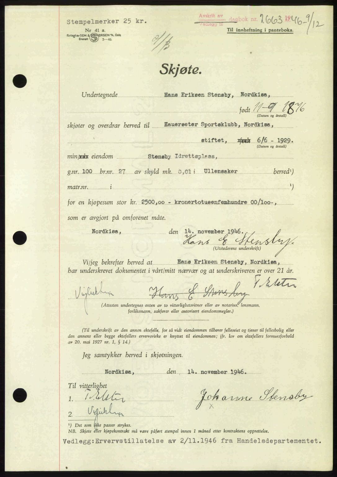 Eidsvoll tingrett, SAO/A-10371/G/Gb/Gbb/L0015: Pantebok nr. A43, 1946-1947, Dagboknr: 2663/1946