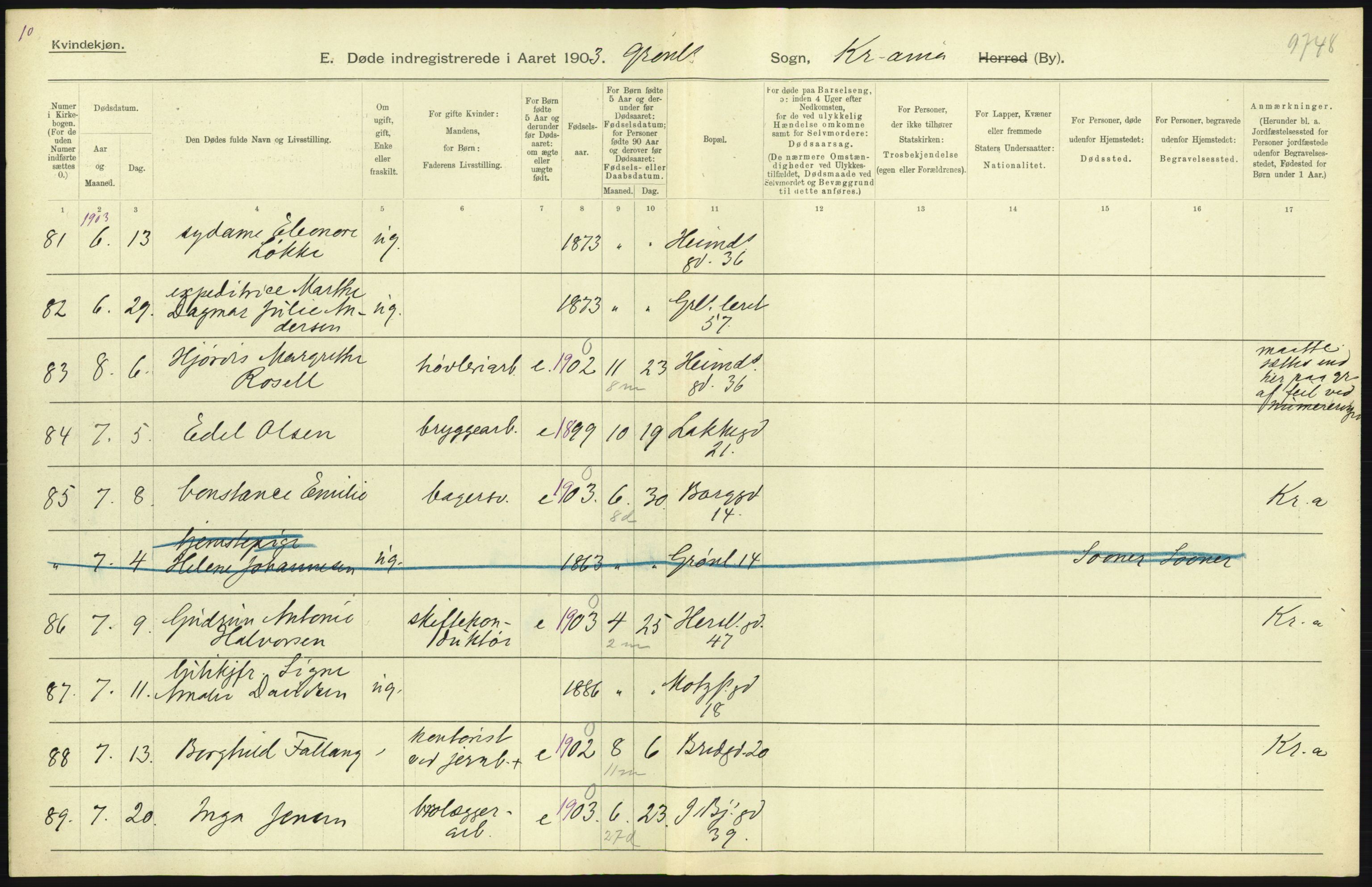 Statistisk sentralbyrå, Sosiodemografiske emner, Befolkning, AV/RA-S-2228/D/Df/Dfa/Dfaa/L0004: Kristiania: Gifte, døde, 1903, s. 395