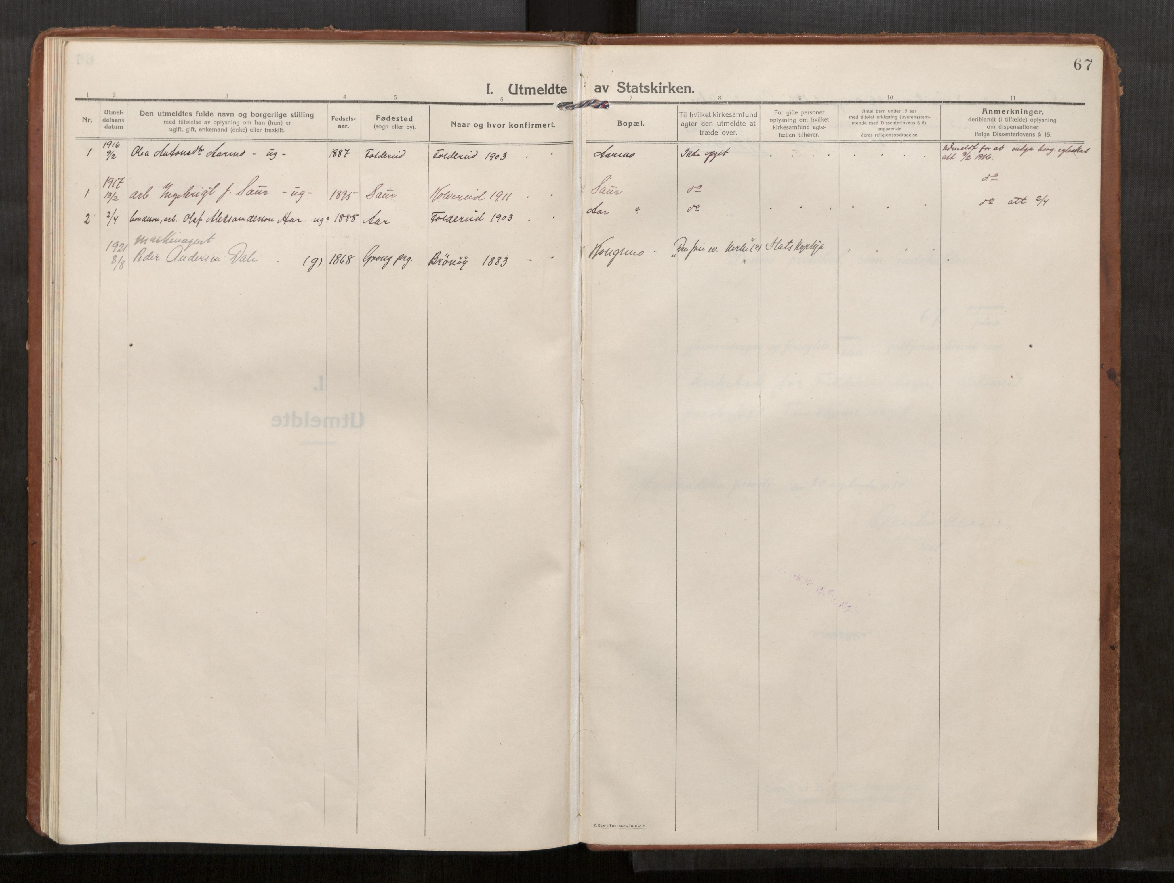 Kolvereid sokneprestkontor, AV/SAT-A-1171/H/Ha/Haa/L0002: Ministerialbok nr. 2, 1914-1926, s. 67