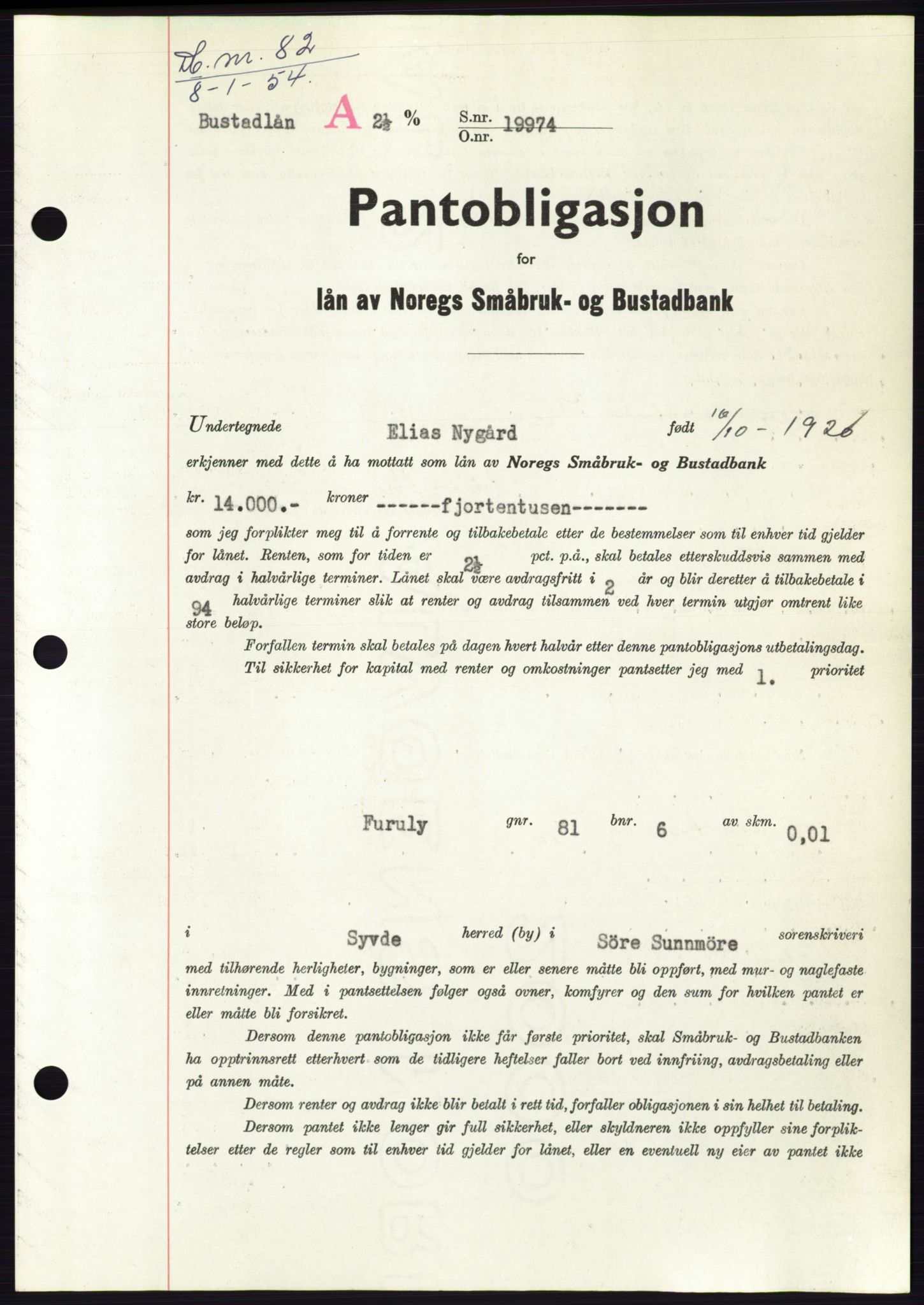 Søre Sunnmøre sorenskriveri, SAT/A-4122/1/2/2C/L0124: Pantebok nr. 12B, 1953-1954, Dagboknr: 82/1954